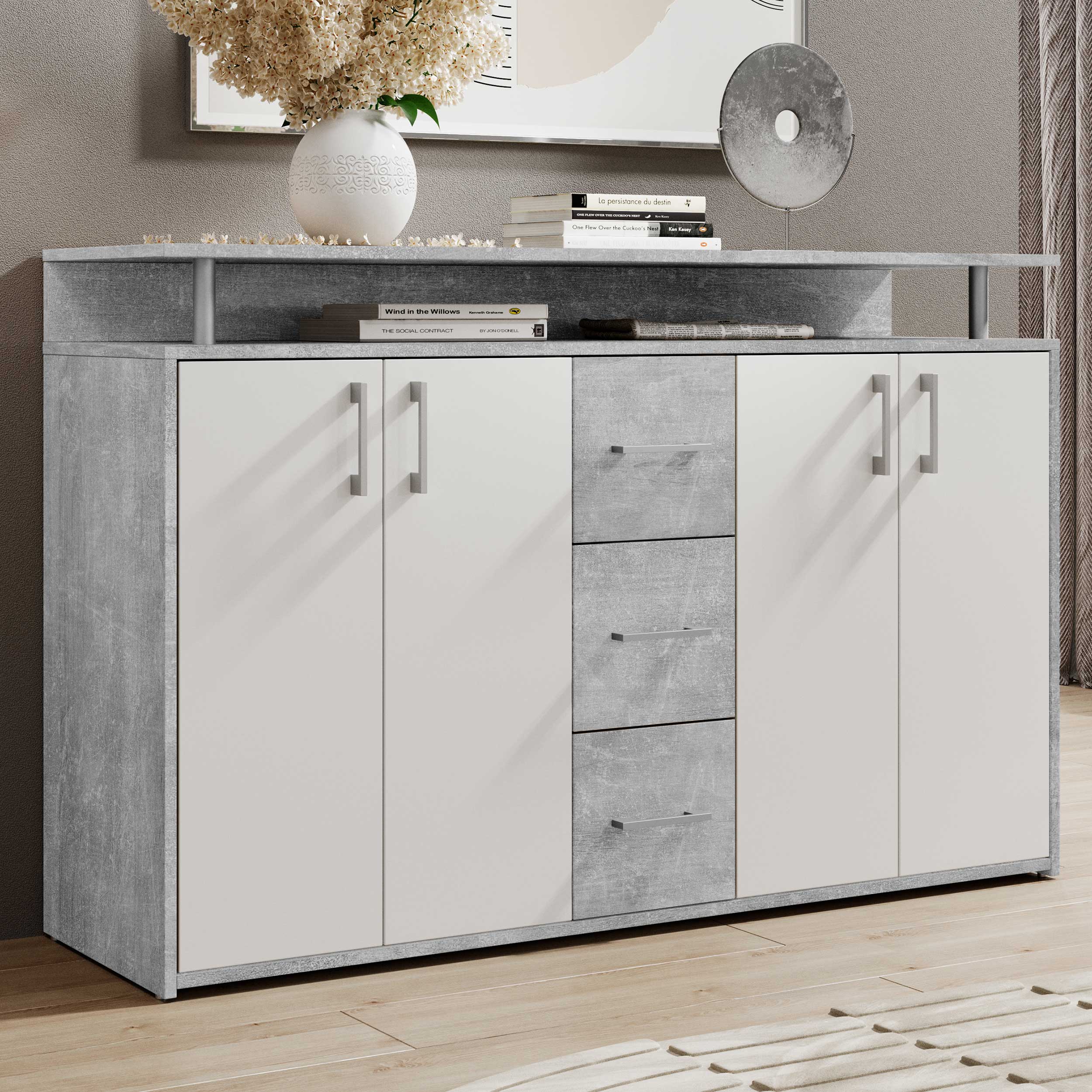 Bahut Flotar 4 portes 3 tiroirs - blanc/béton - Image 1