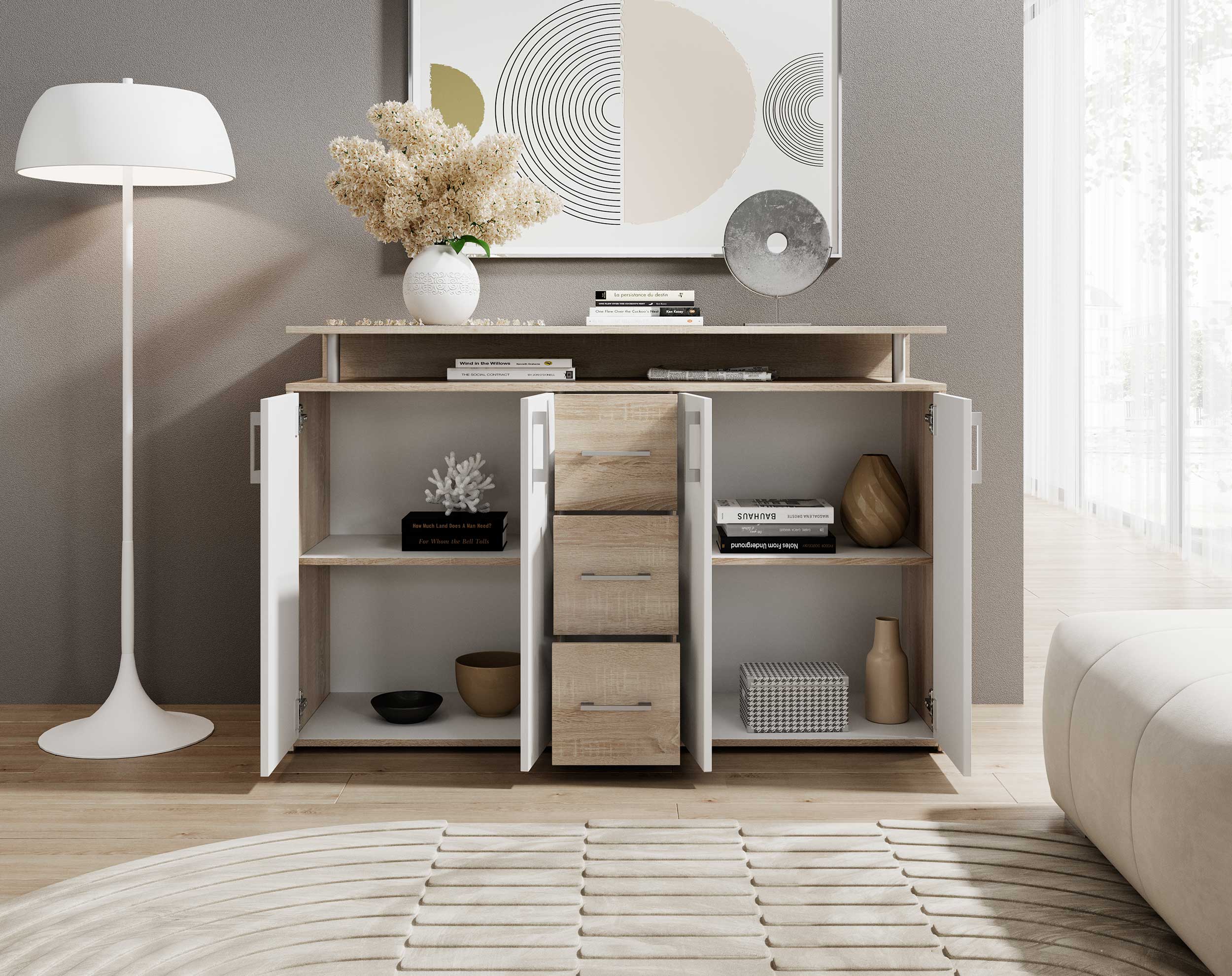 Bahut Flotar 4 portes 3 tiroirs - blanc/chêne - Image 8