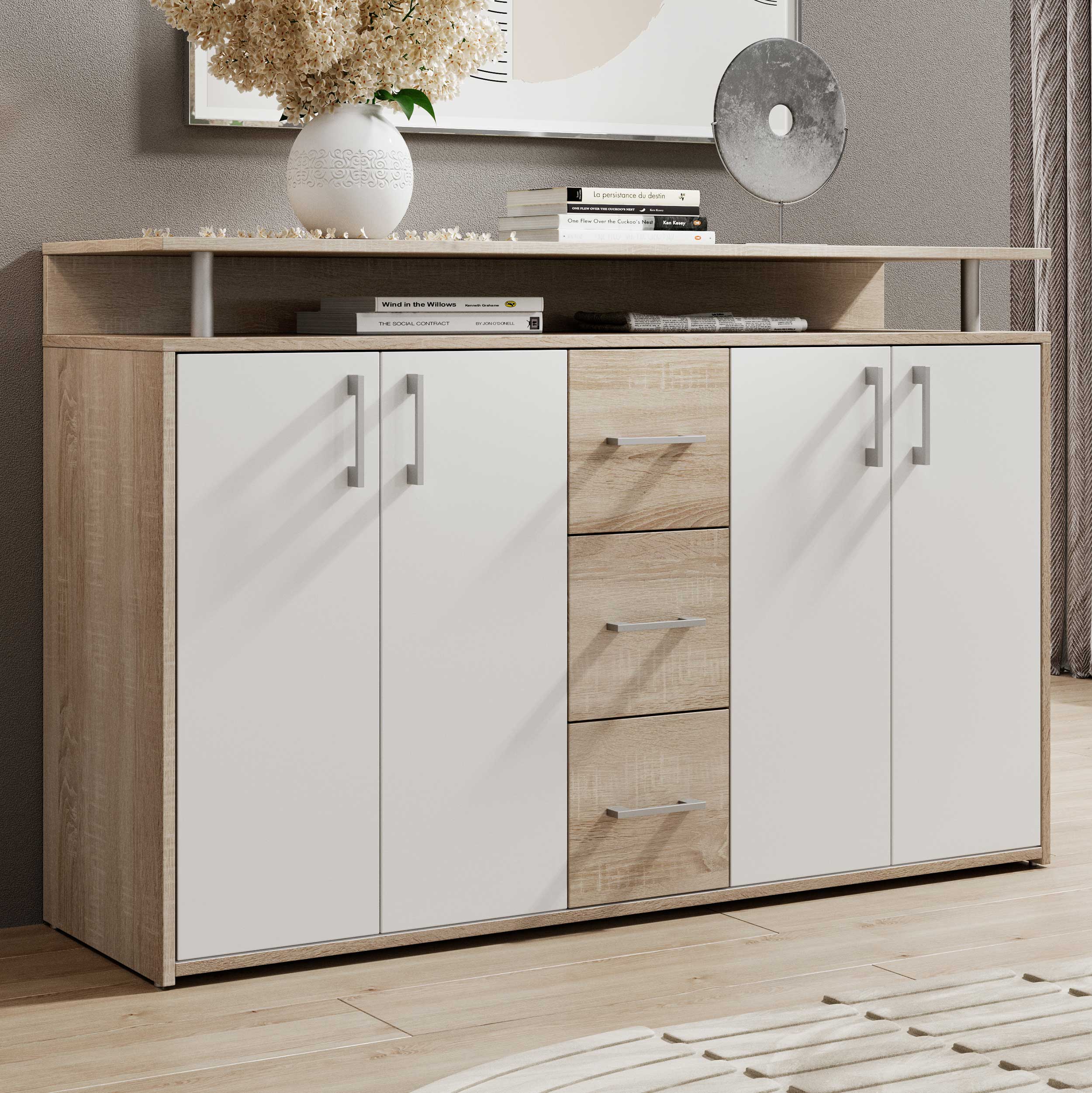 Bahut Flotar 4 portes 3 tiroirs - blanc/chêne - Image 1