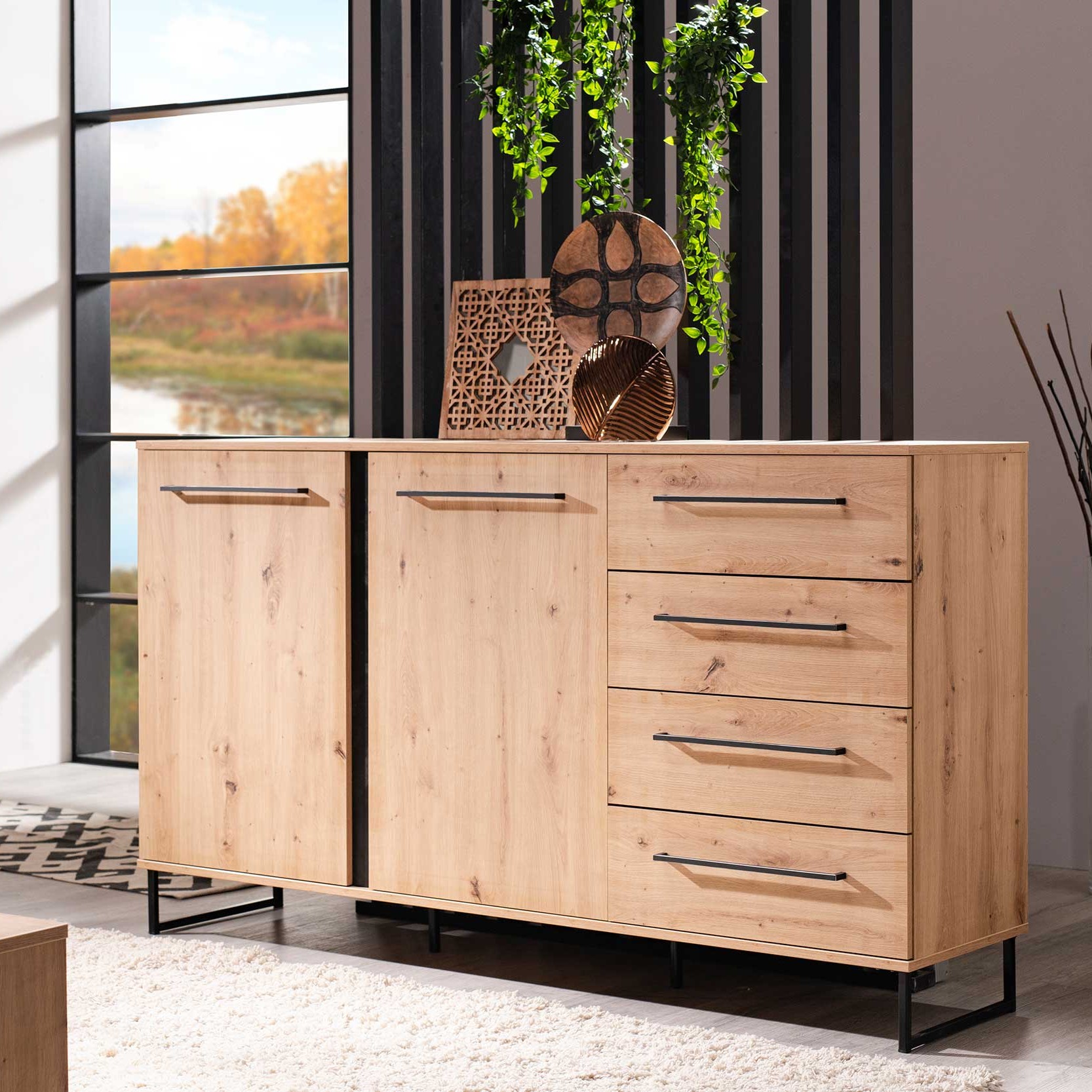 Bahut Hoggas 159cm 4 portes & 2 tiroirs - chêne