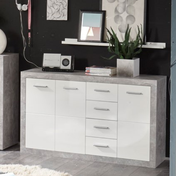 Bahut Inga 152cm avec 3 portes & 4 tiroirs - béton/blanc