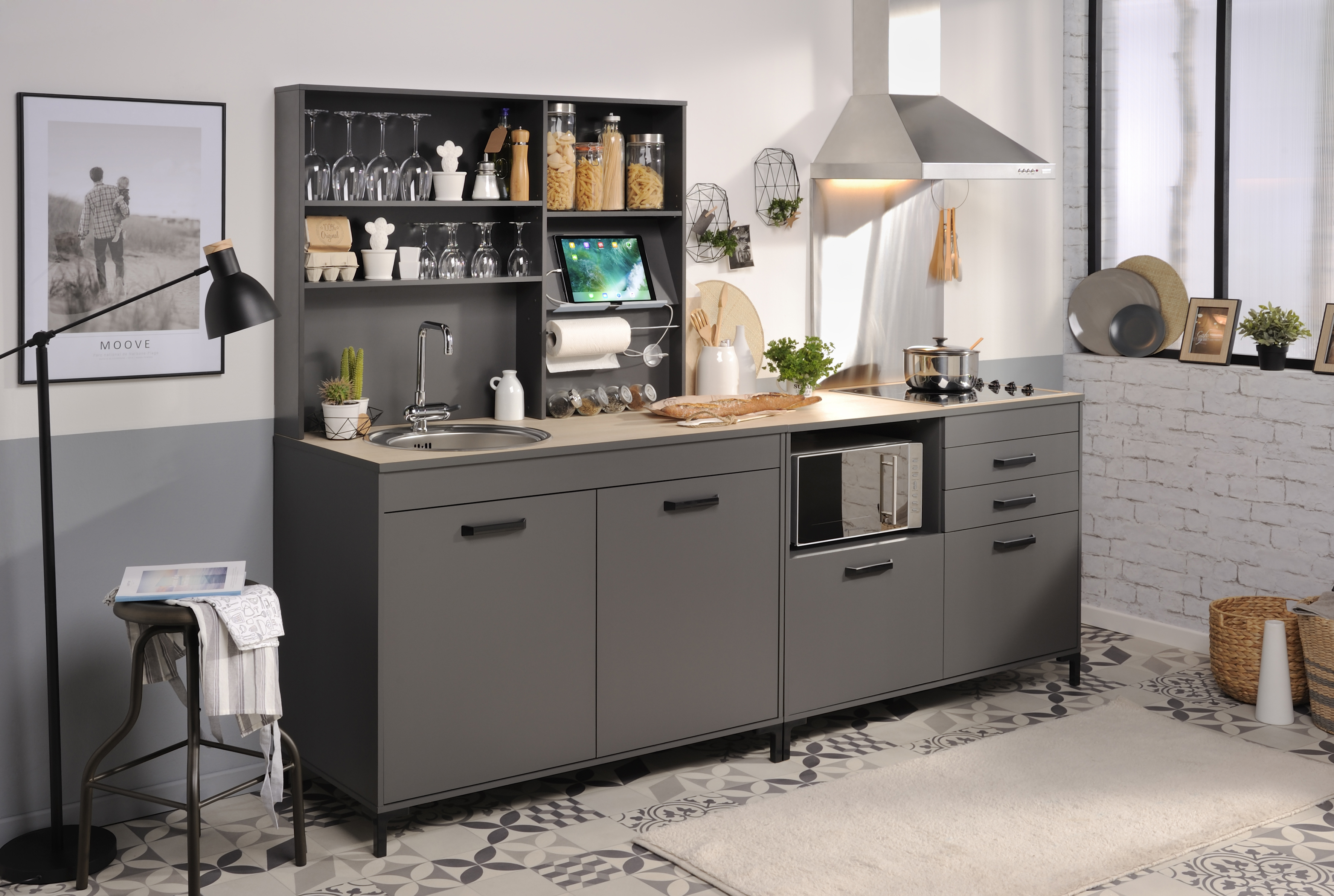 Bahut Moove 118cm, 3 étagères et porte-rouleau de cuisine - anthracite - Image 7