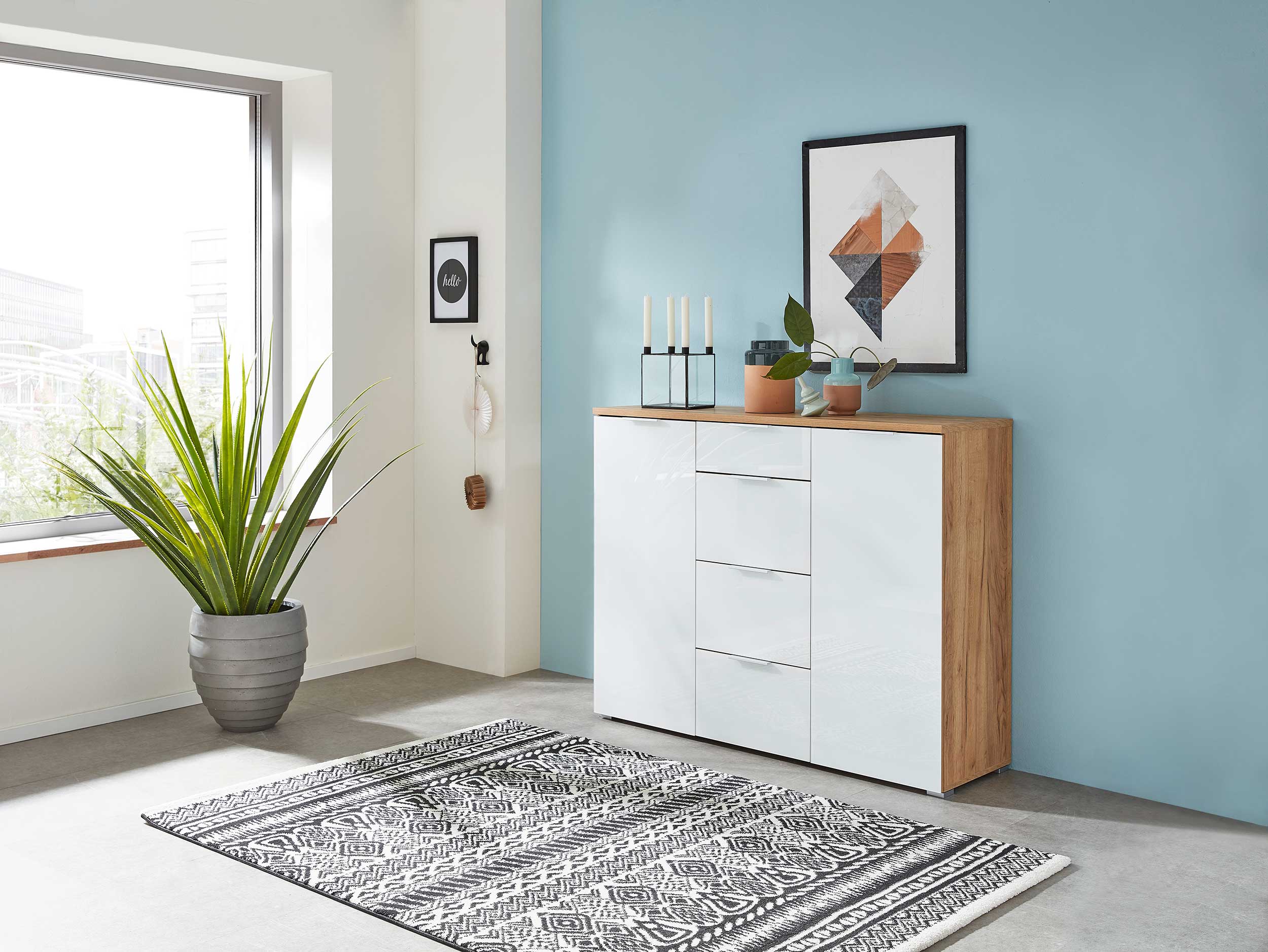 Bahut Tille 134cm avec 2 portes & 4 tiroirs - blanc/chêne - Image 2