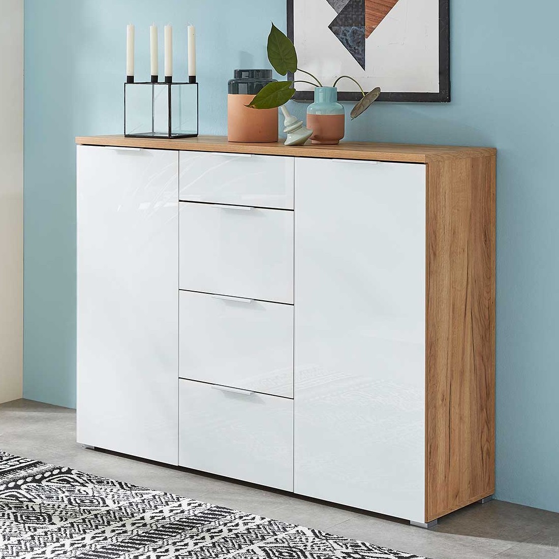 Bahut Tille 134cm avec 2 portes & 4 tiroirs - blanc/chêne