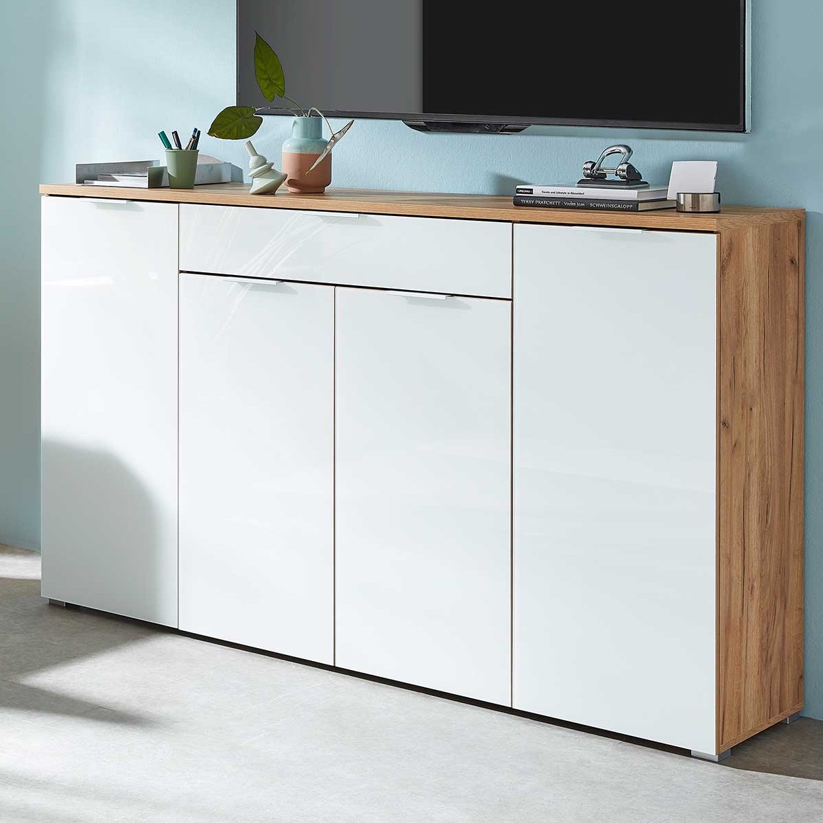 Bahut Tille 179 cm avec 4 portes & 1 tiroir - blanc/chêne