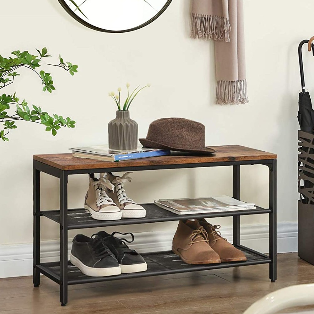 Banc à chaussures Brad 2 tablettes - brun rustique/noir - Image 1