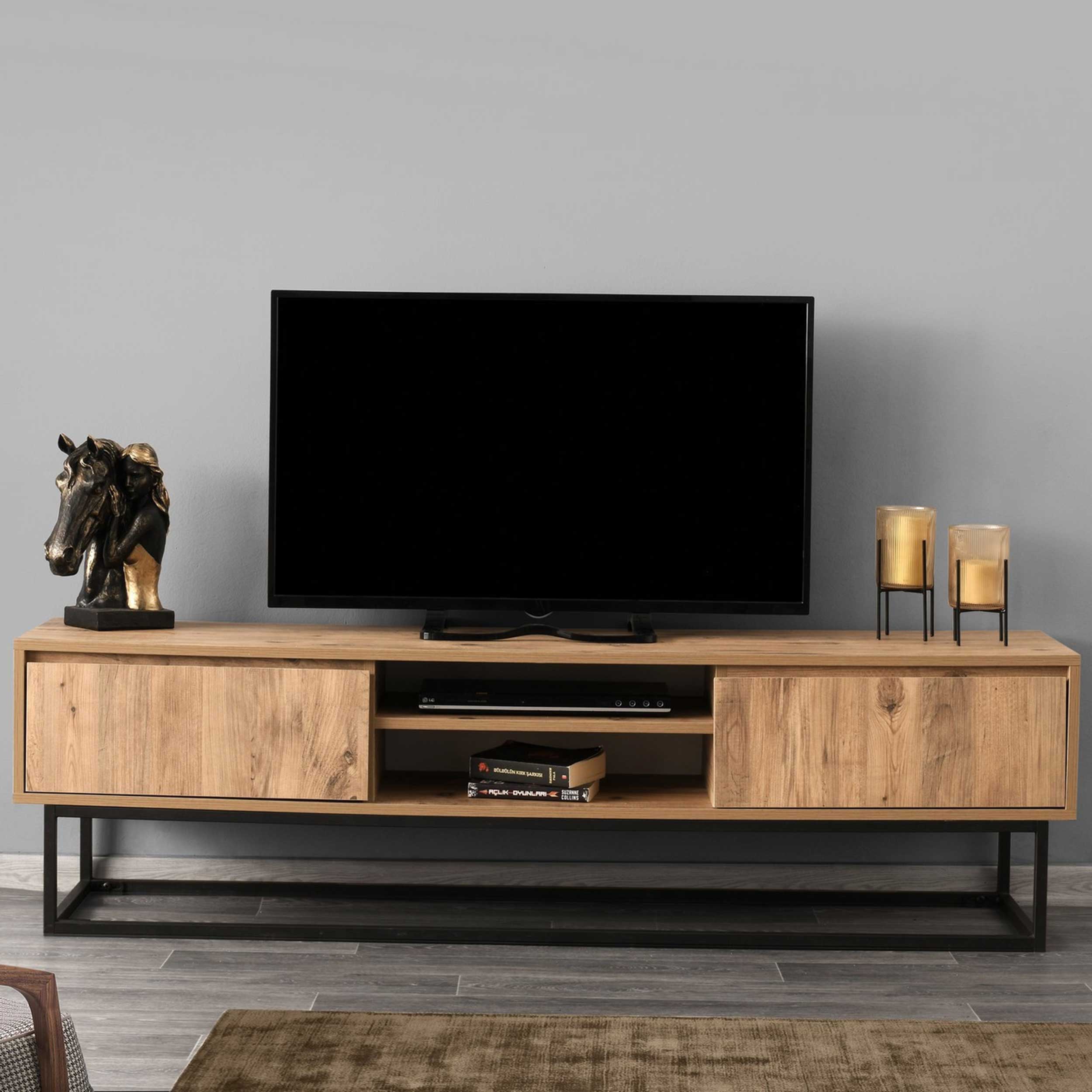 Belinda 180 Meuble TV | 100 % MÉLAMINE | Noir, Pin