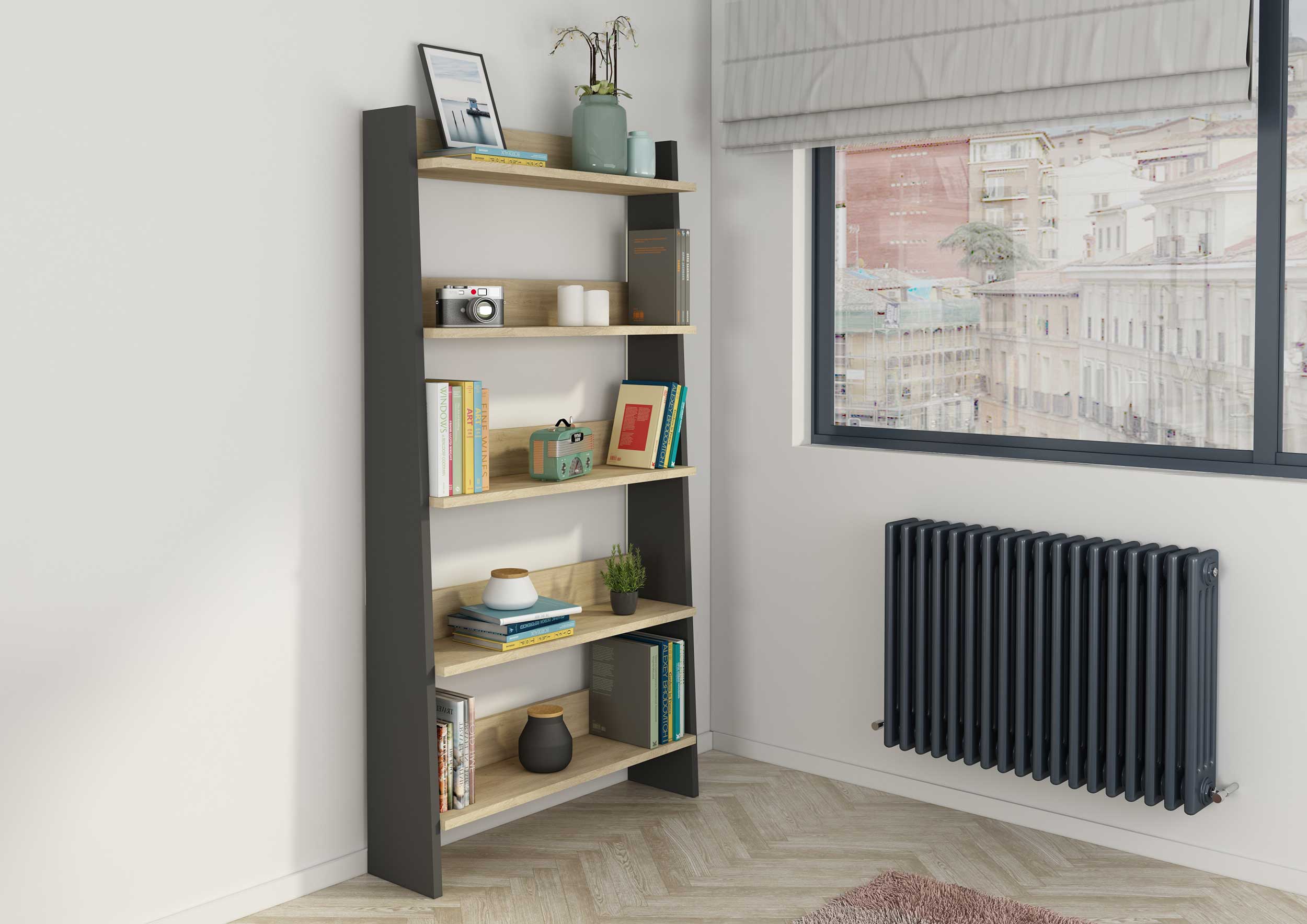 Bibliothèque Quinty 95cm 5 étagères - gris/ décor en chêne - Image 3