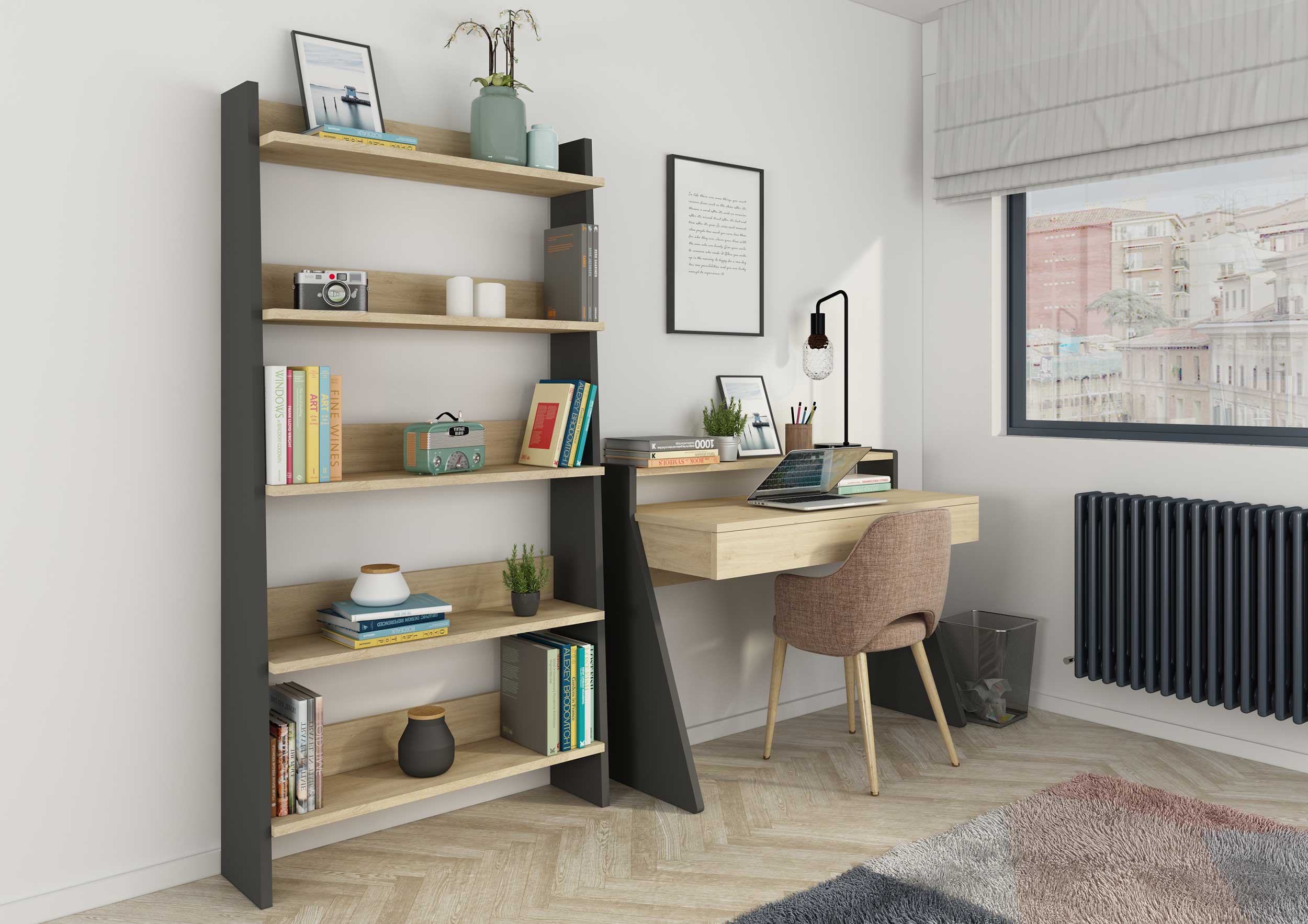 Bibliothèque Quinty 95cm 5 étagères - gris/ décor en chêne - Image 6