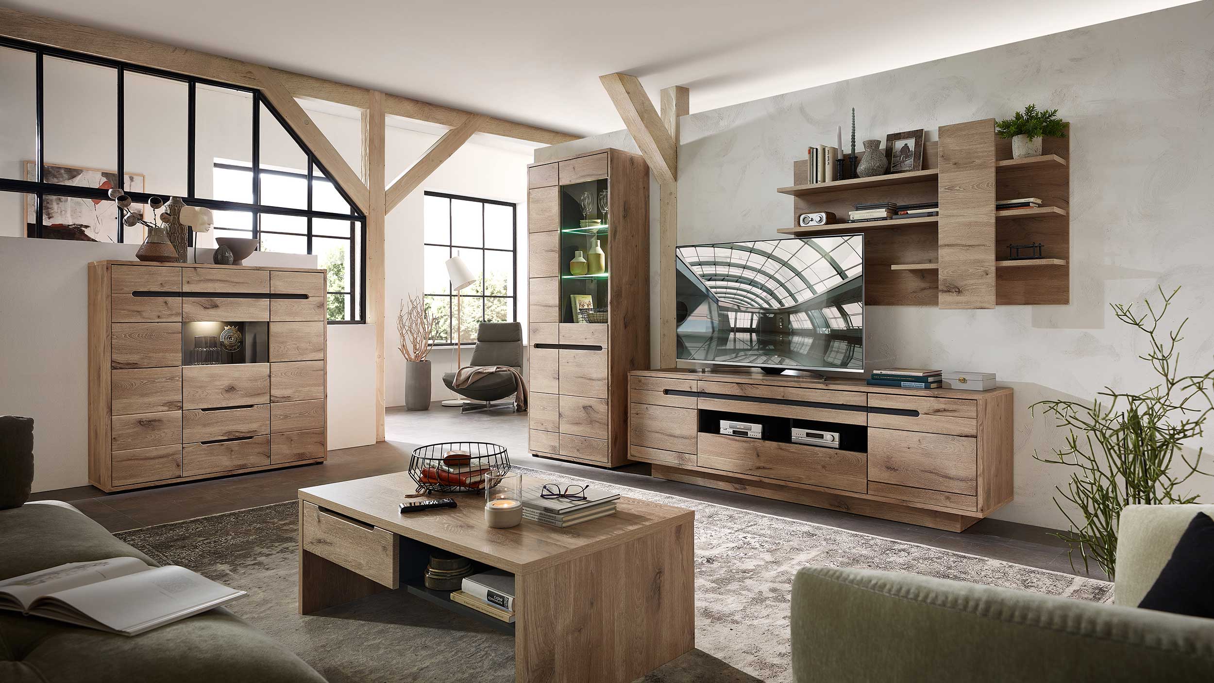 Buffet Bellini 125cm 3 portes & 2 tiroirs - chêne/anthracite - Image 3