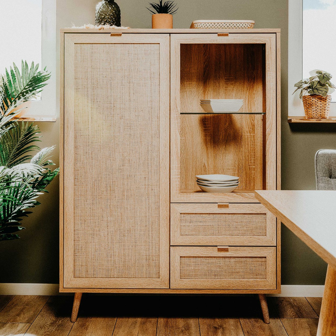 Buffet Bilal 102cm 2 portes & 2 tiroirs - chêne/raphia imprimé - Image 1