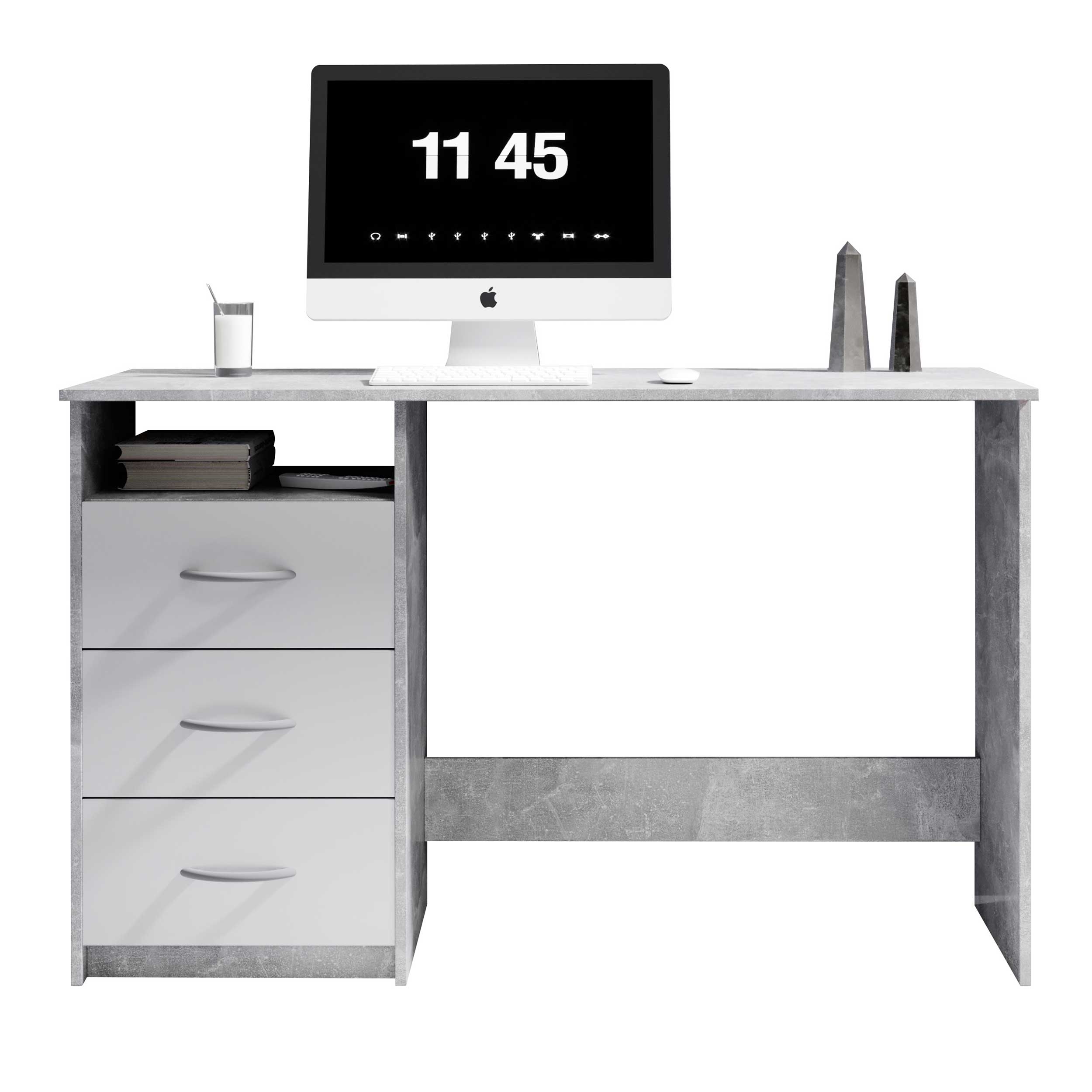 Bureau Adriano 123cm 3 tiroirs - béton/blanc - Image 4