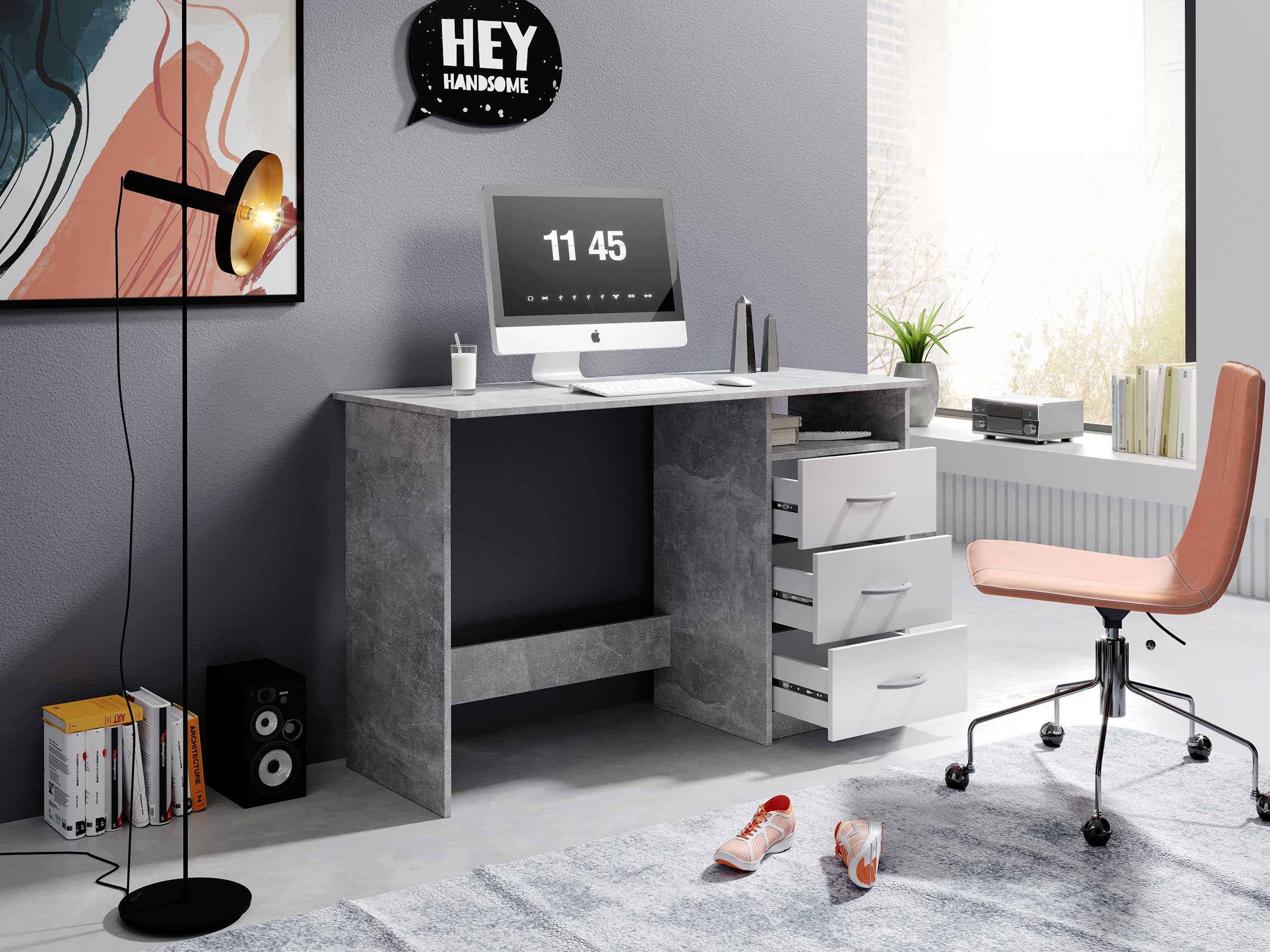 Bureau Adriano 123cm 3 tiroirs - béton/blanc - Image 8