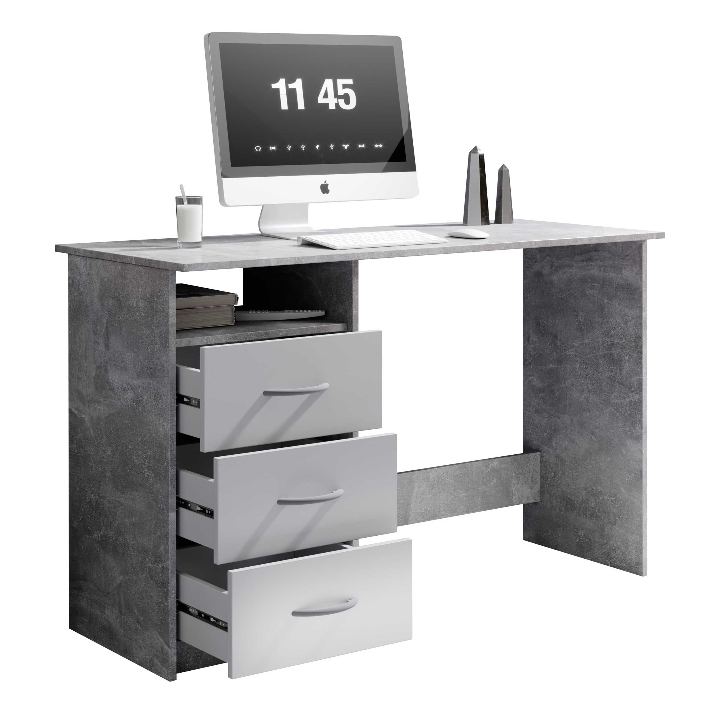 Bureau Adriano 123cm 3 tiroirs - béton/blanc - Image 9