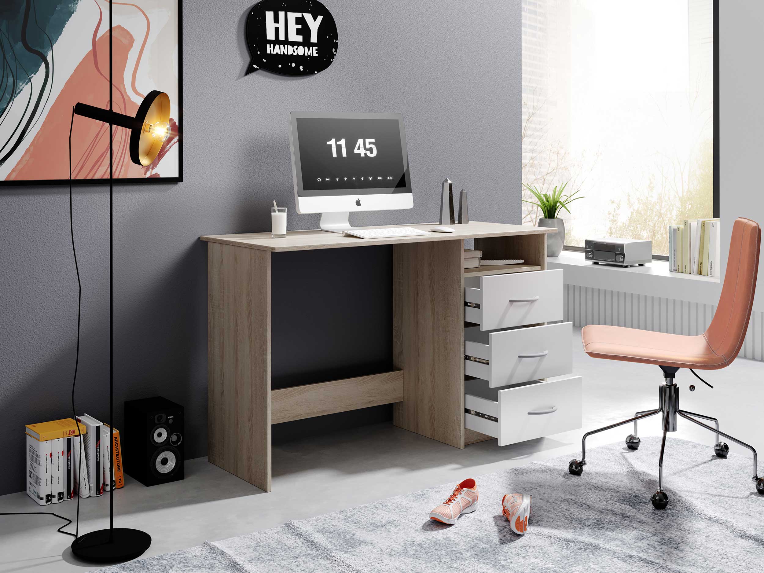 Bureau Adriano 123cm 3 tiroirs - chêne/blanc - Image 11