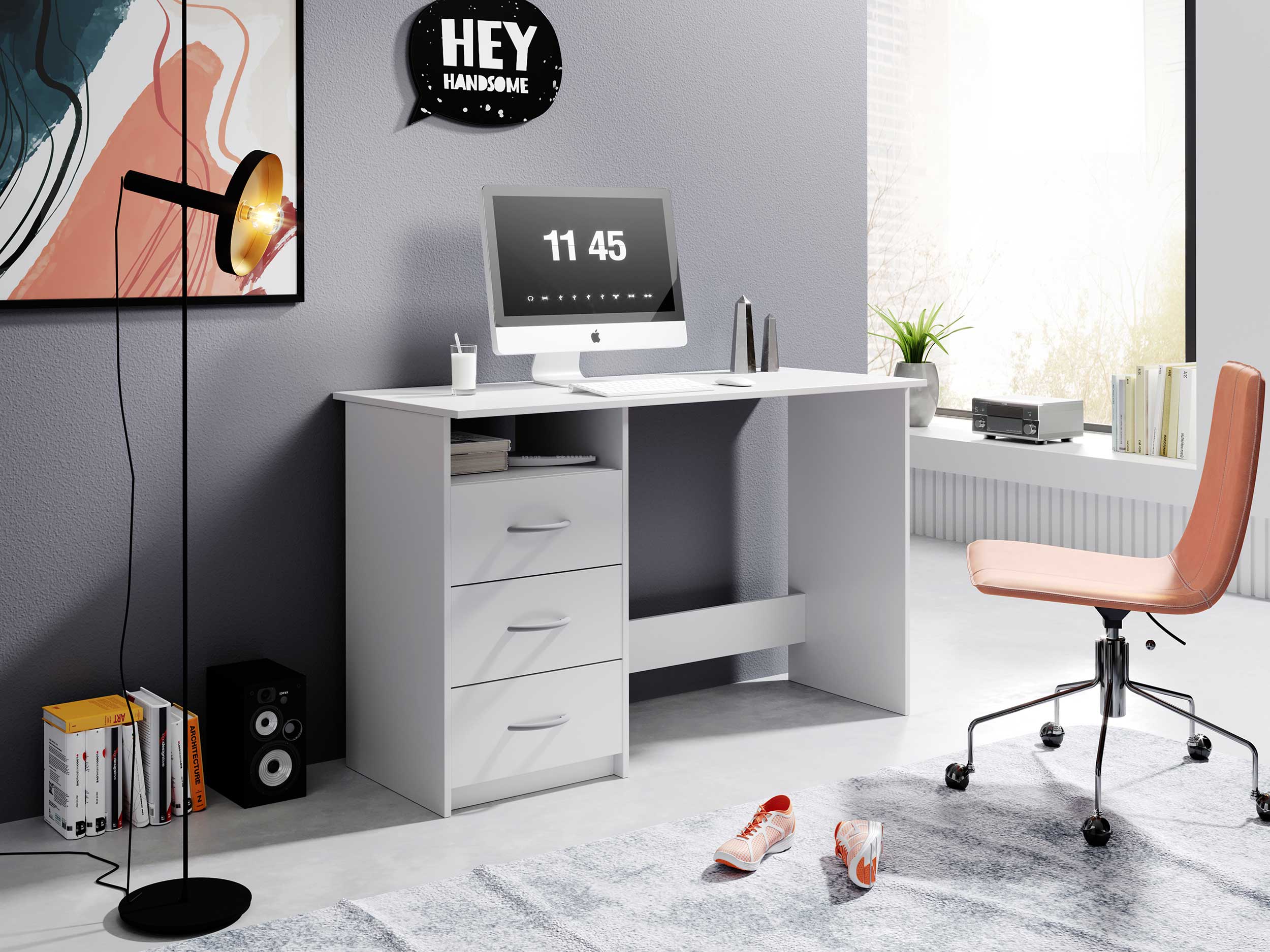 Bureau Adriano 123cm avec 3 tiroirs - blanc - Image 8