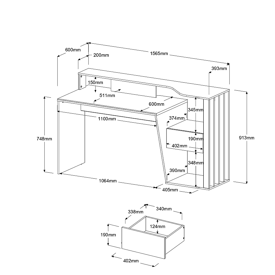 Bureau Bloom-157cm-1 tiroir, 1 compartiment ouvert-blanc/chêne - Image 3