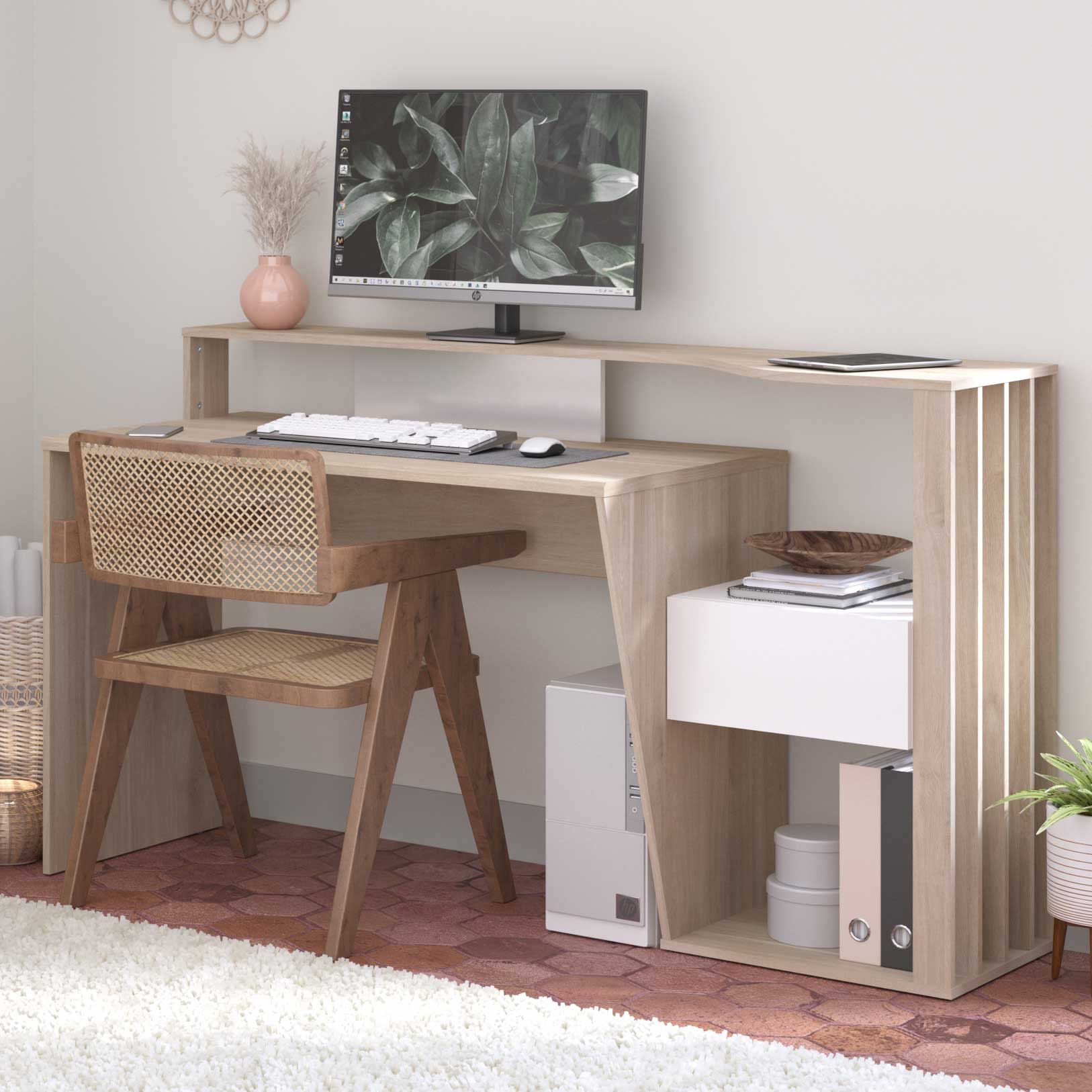 Bureau Bloom-157cm-1 tiroir, 1 compartiment ouvert-blanc/chêne - Image 1