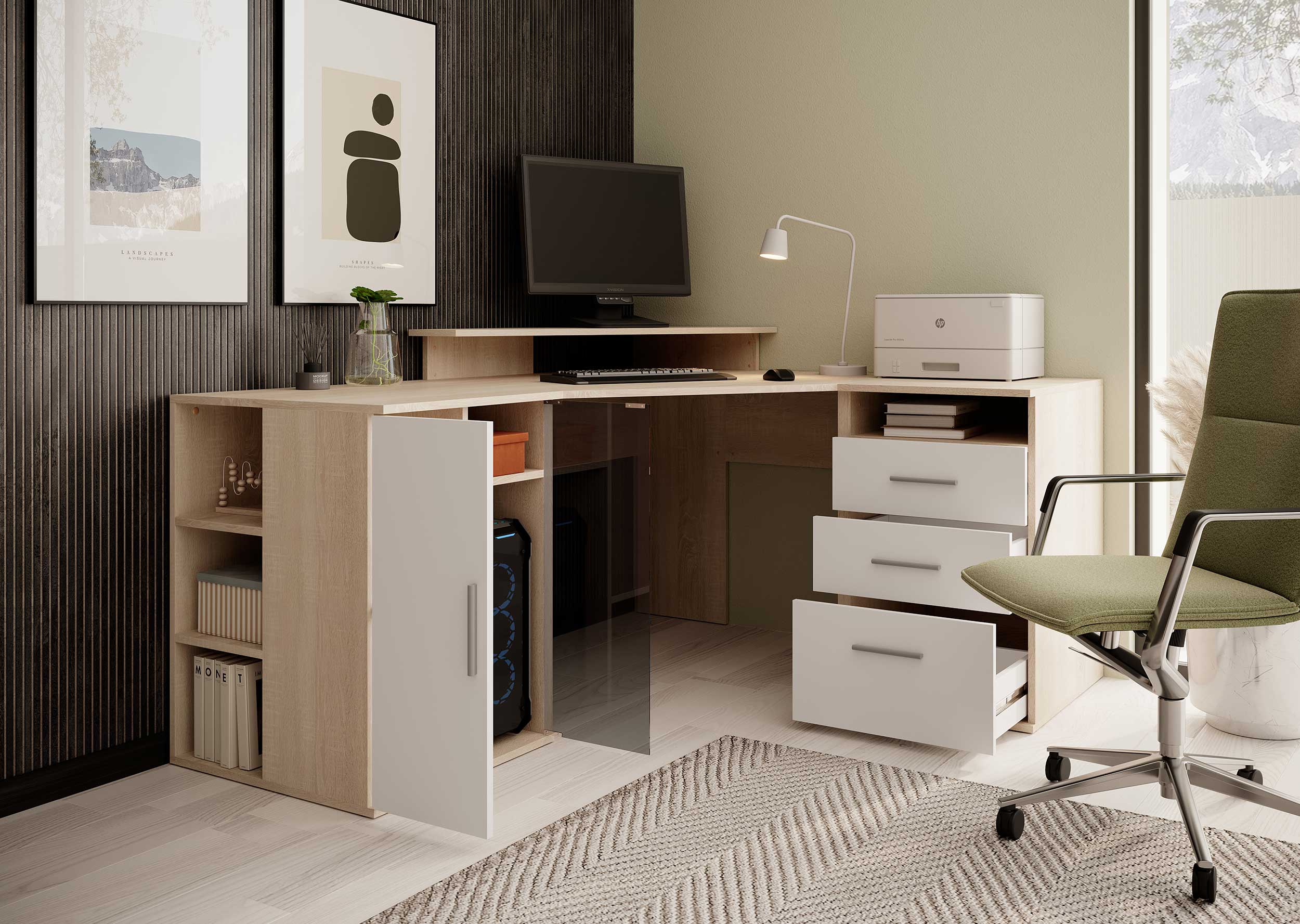 Bureau d'angle Efford avec espace de rangement - chêne/blanc - Image 8