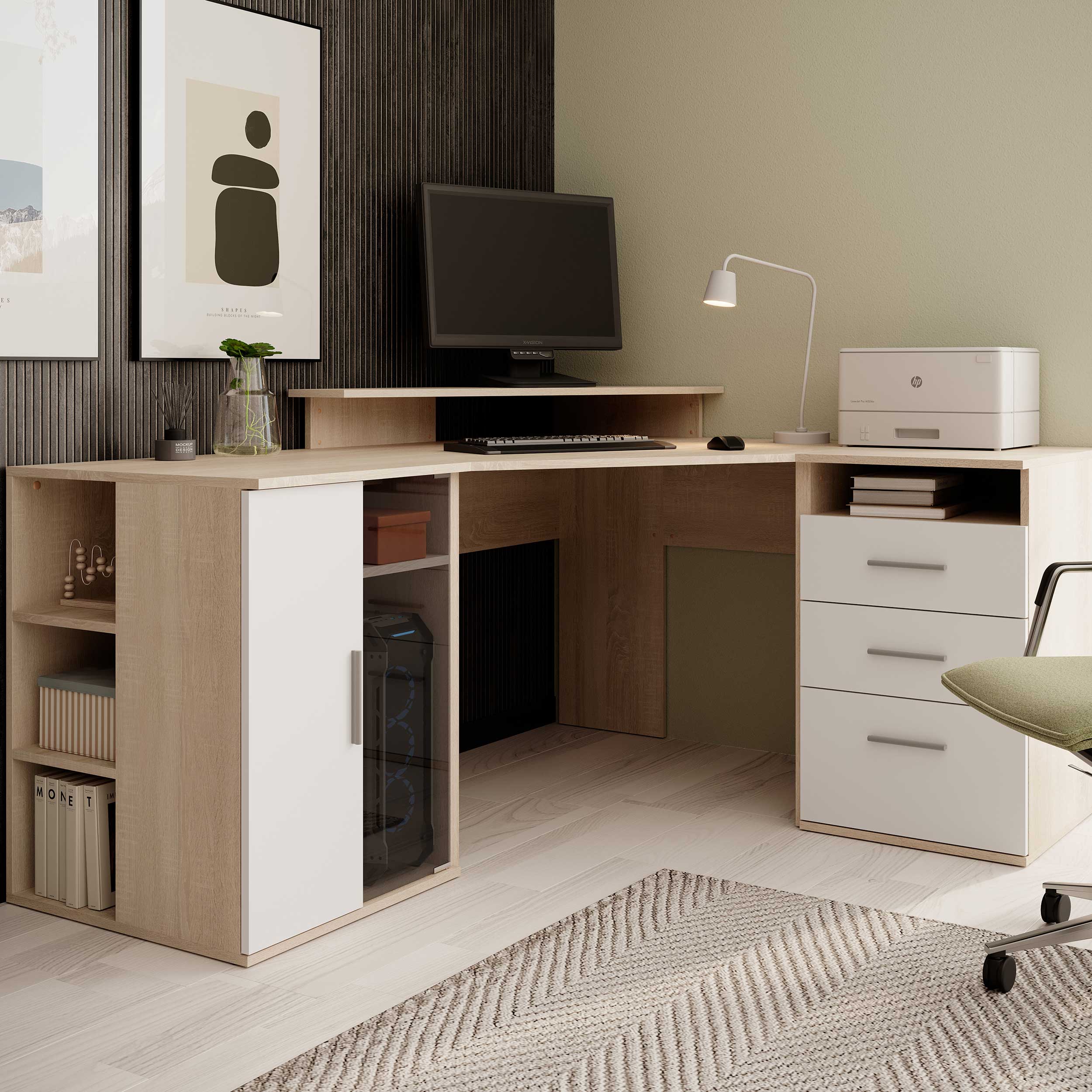 Bureau d'angle Efford avec espace de rangement - chêne/blanc - Image 1