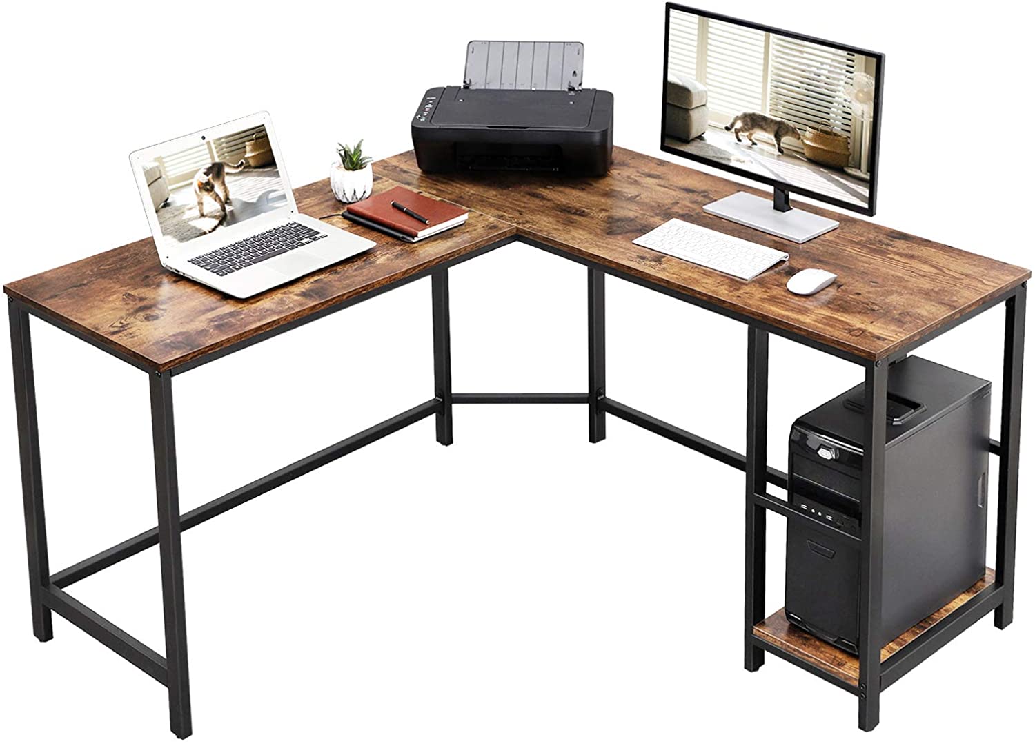 Bureau d'angle Fabrice 138cm 2 tablettes - brun rustique/noir - Image 8