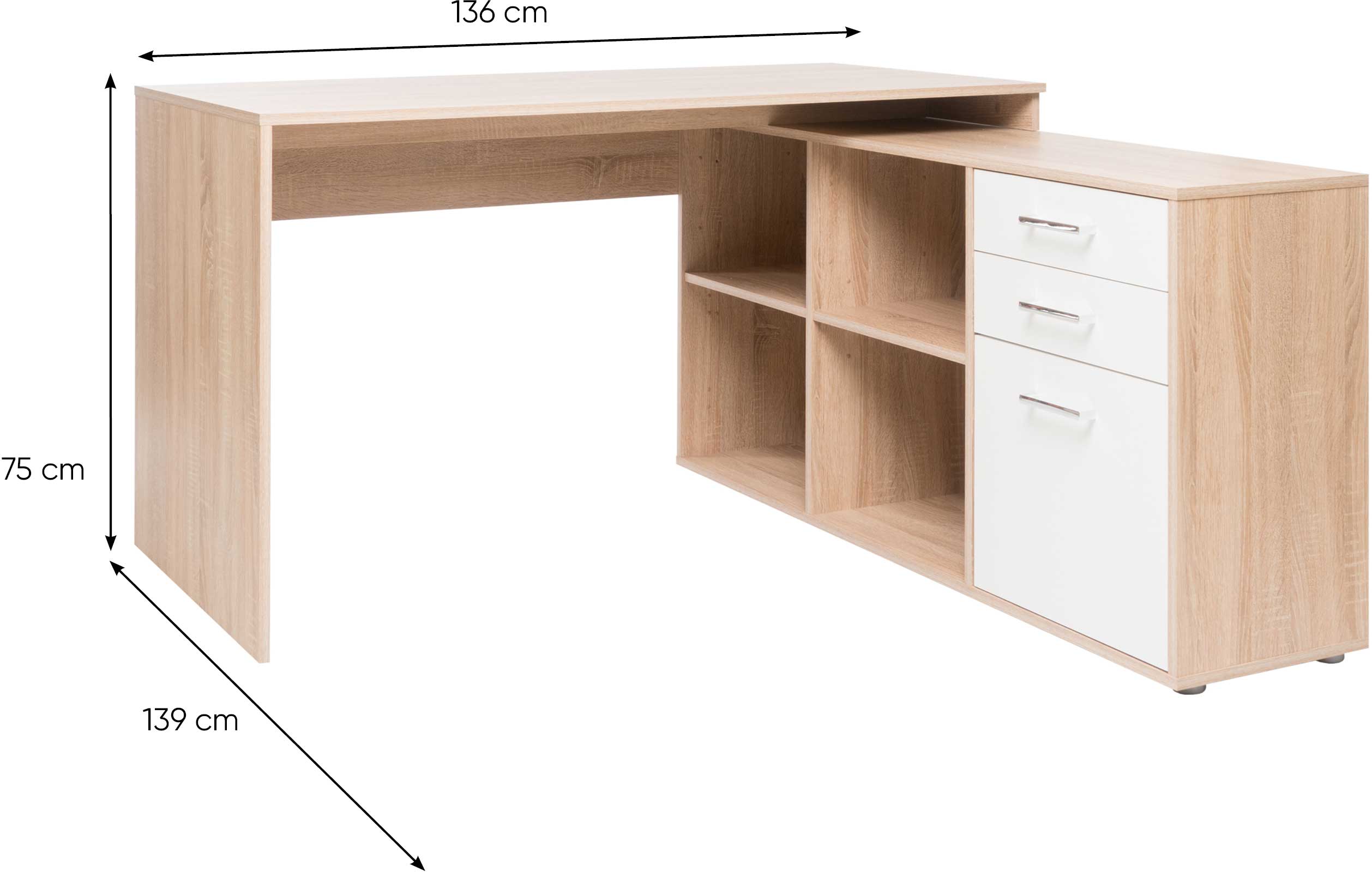 Bureau d'angle Lanzini 2 tiroirs & 1 porte - chêne sonoma/blanc - Image 3