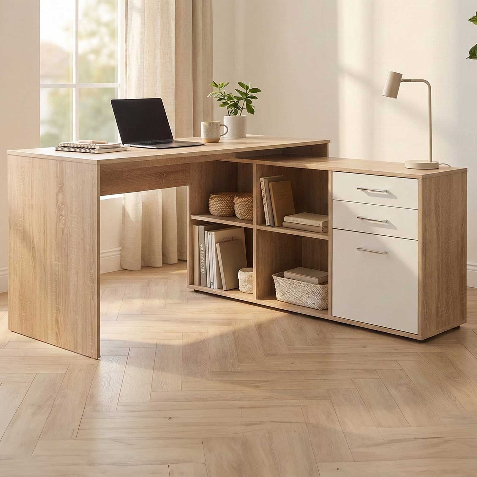 Bureau d'angle Lanzini 2 tiroirs & 1 porte - chêne sonoma/blanc - Image 1