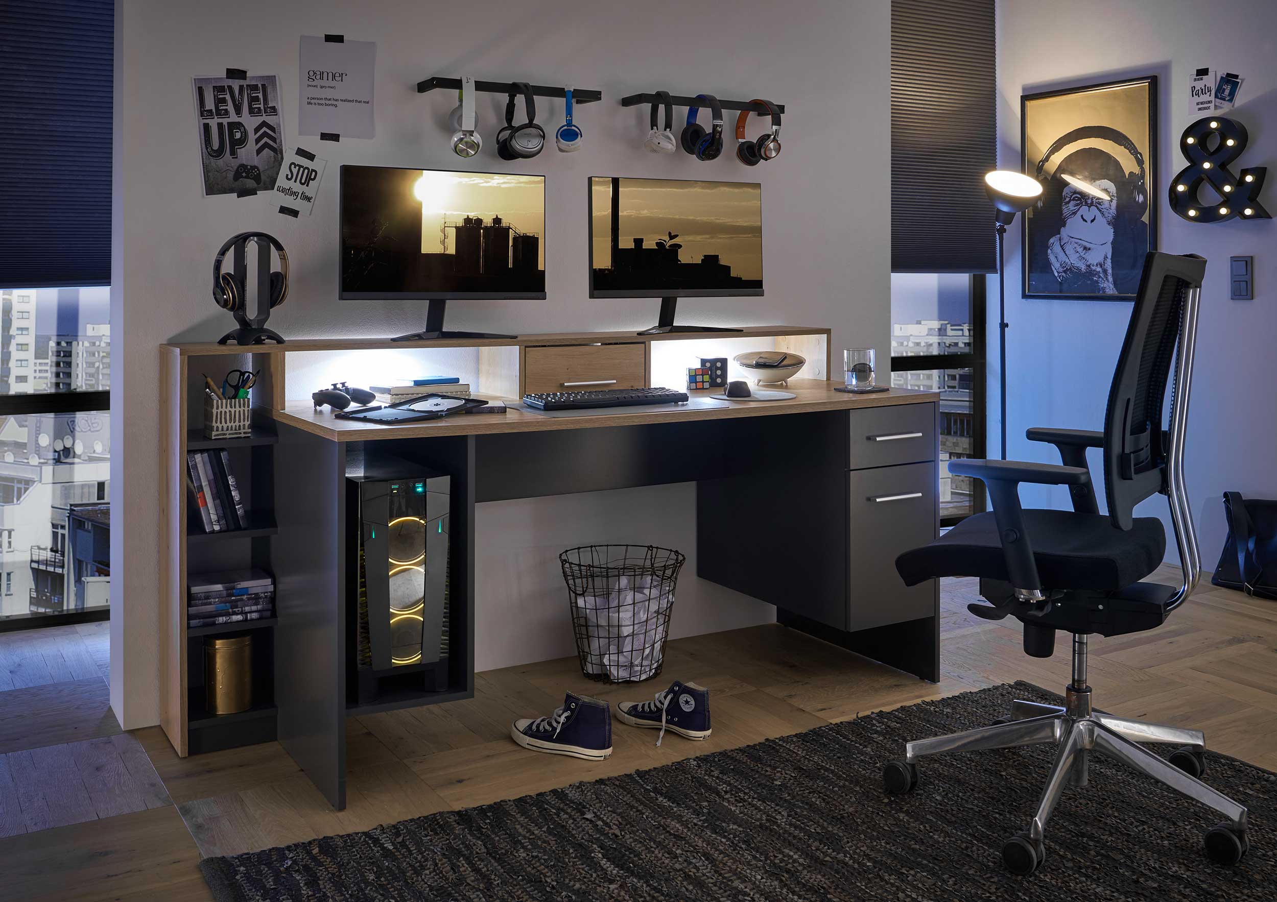 Bureau gaming Tudi éclairage compris - gris/bois - Image 12