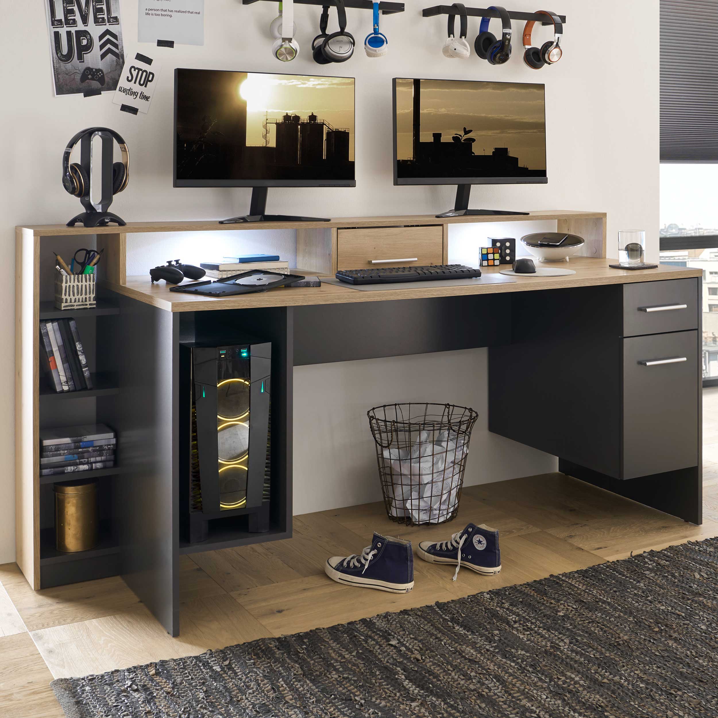 Bureau gaming Tudi éclairage compris - gris/bois - Image 1