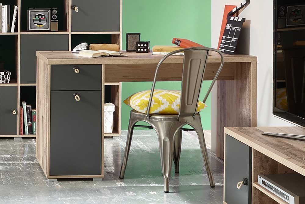 Bureau Moleskin 130cm avec 1 porte & 1 tiroir - anthracite/ancien style - Image 3