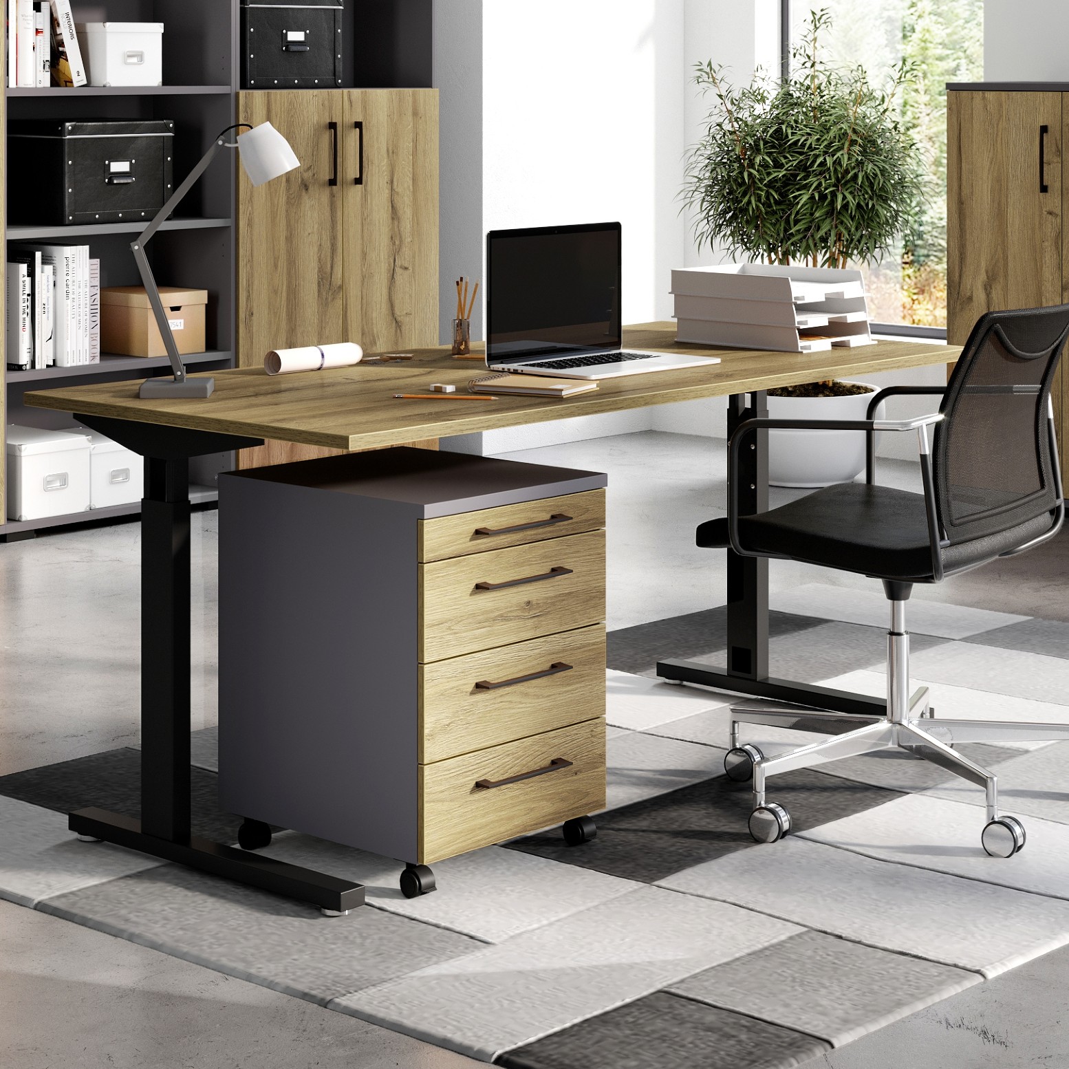 Bureau Presley 180cm réglable en hauteur - chêne/noir