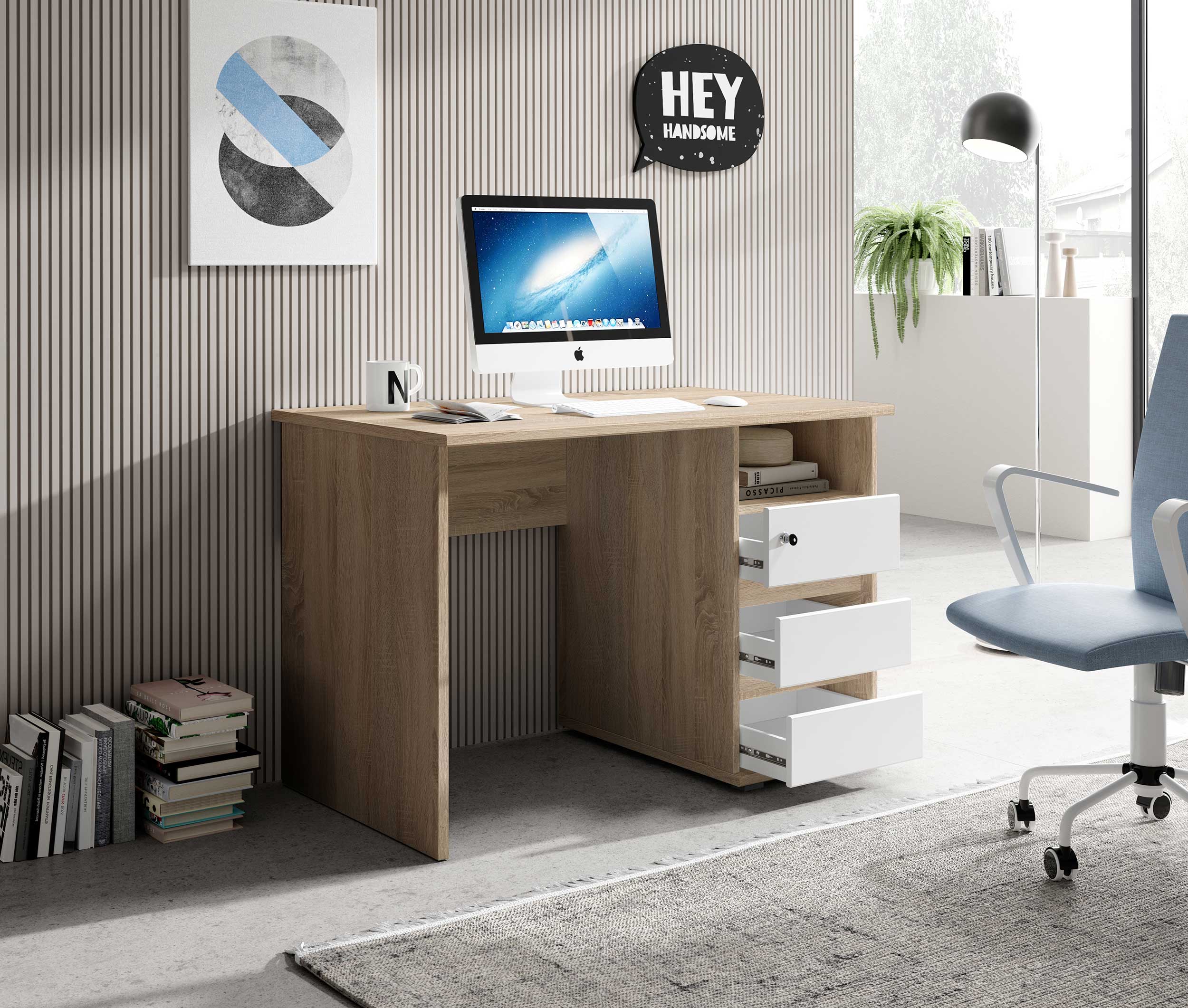 Bureau Primos 110cm avec 3 tiroirs - chêne - Image 5