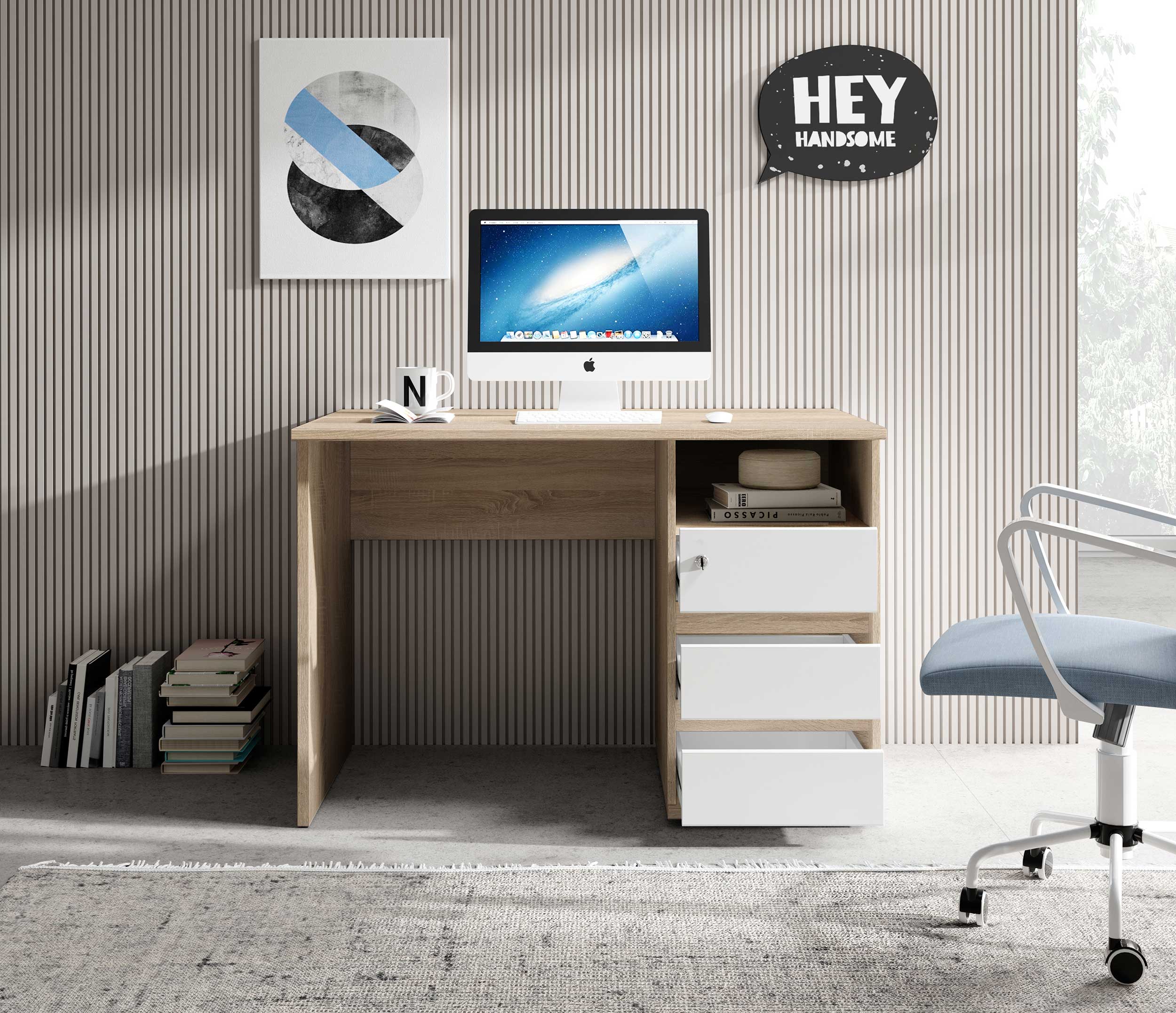 Bureau Primos 110cm avec 3 tiroirs - chêne - Image 7