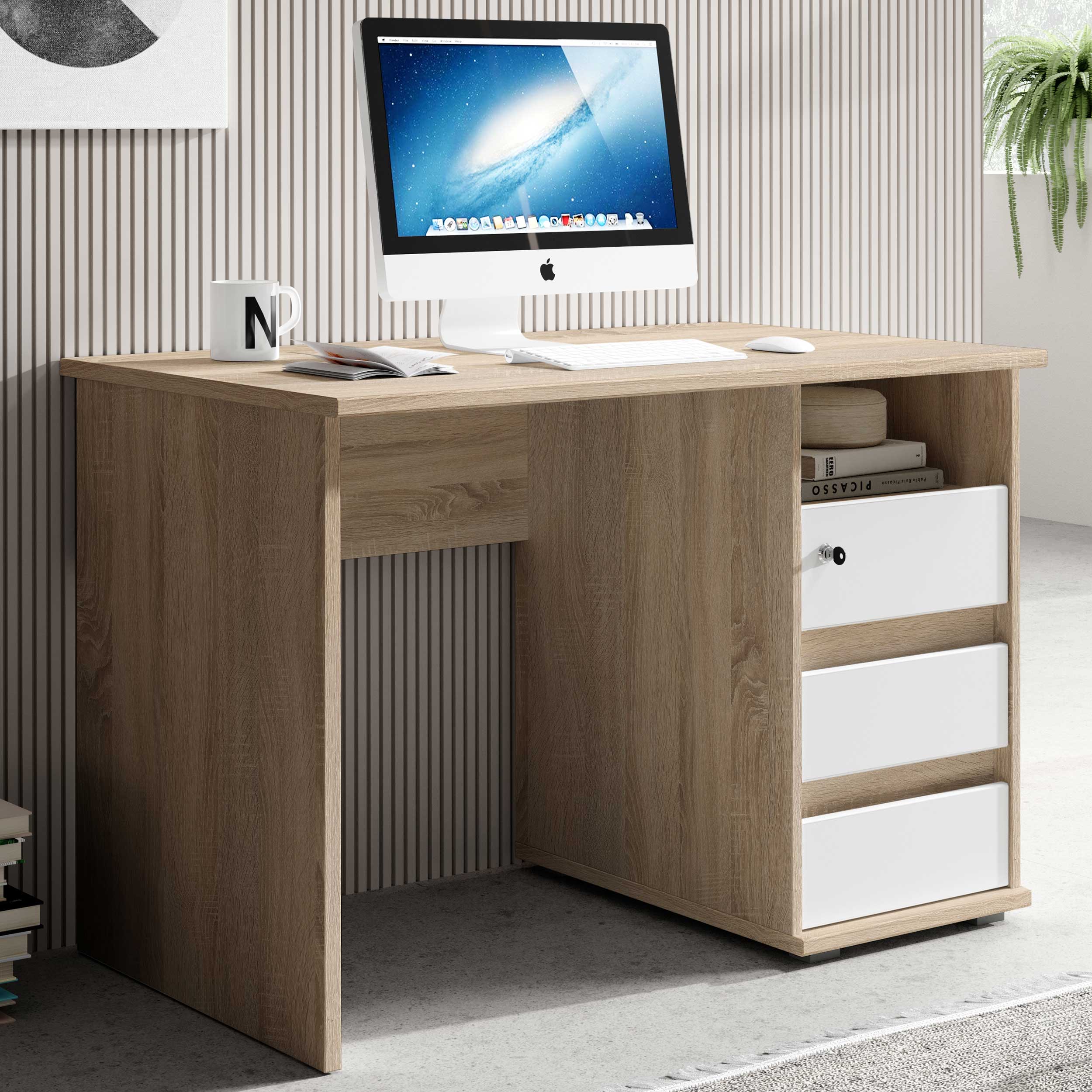 Bureau Primos 110cm avec 3 tiroirs - chêne
