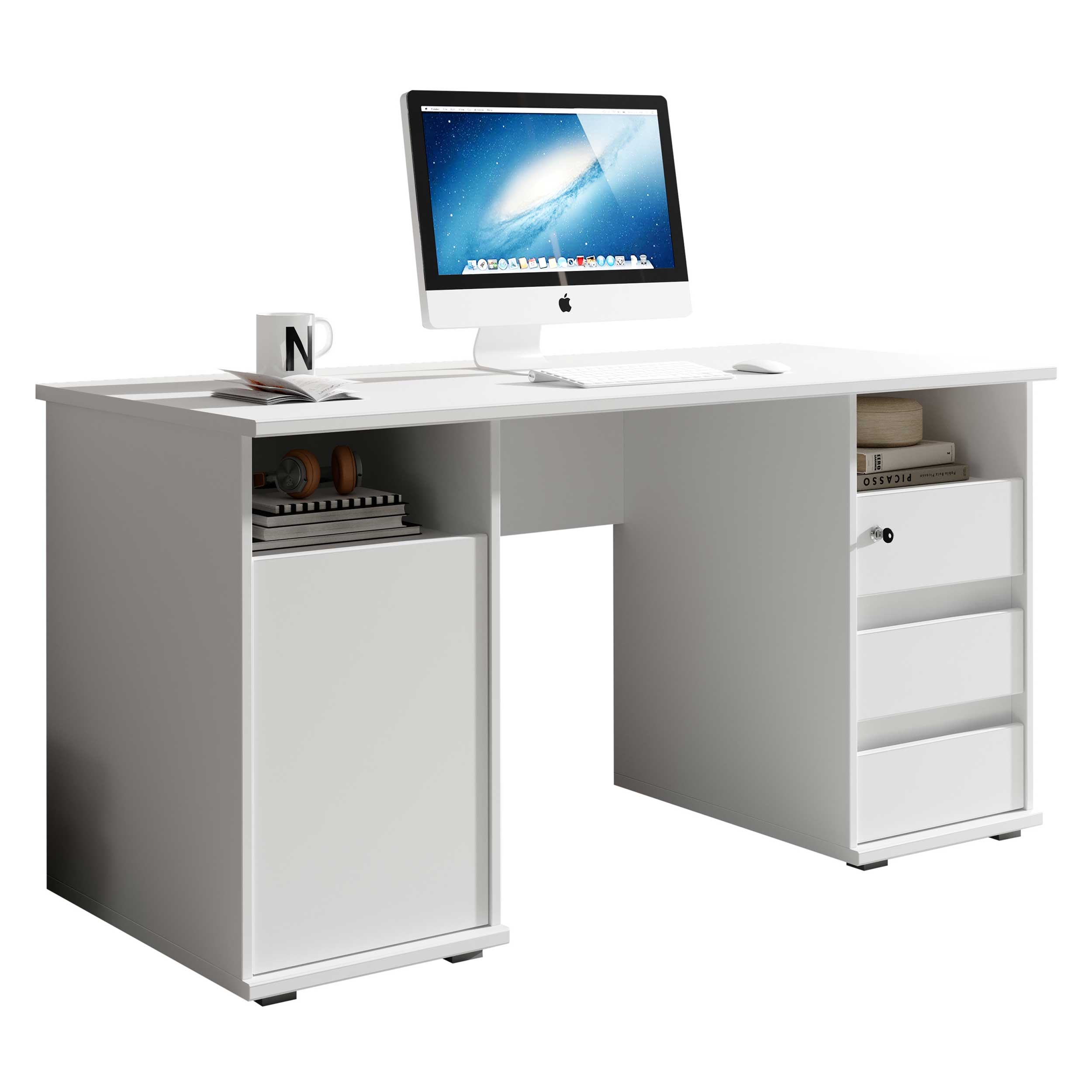 Bureau Primos 145cm avec 3 tiroirs & 1 porte - blanc - Image 4