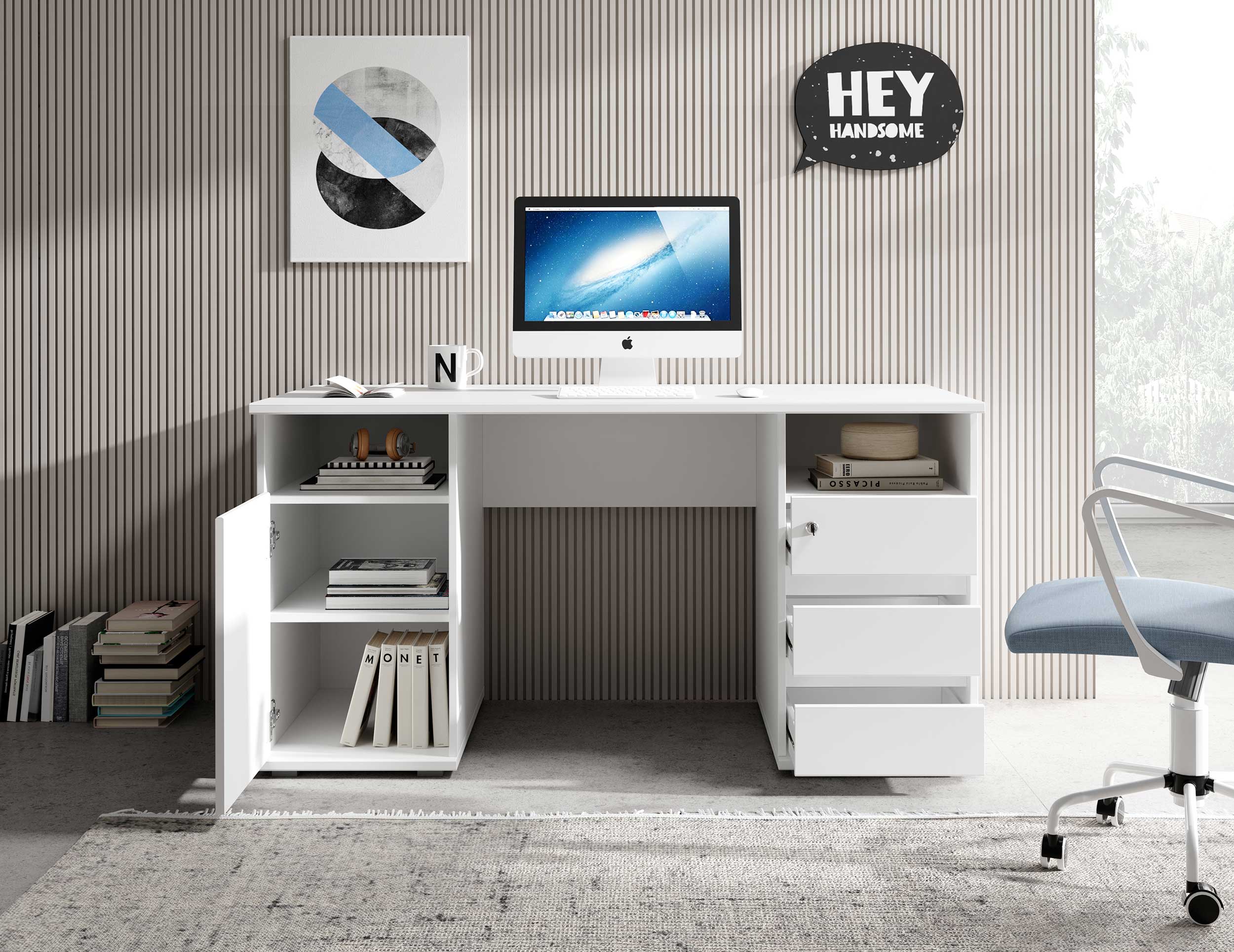 Bureau Primos 145cm avec 3 tiroirs & 1 porte - blanc - Image 5