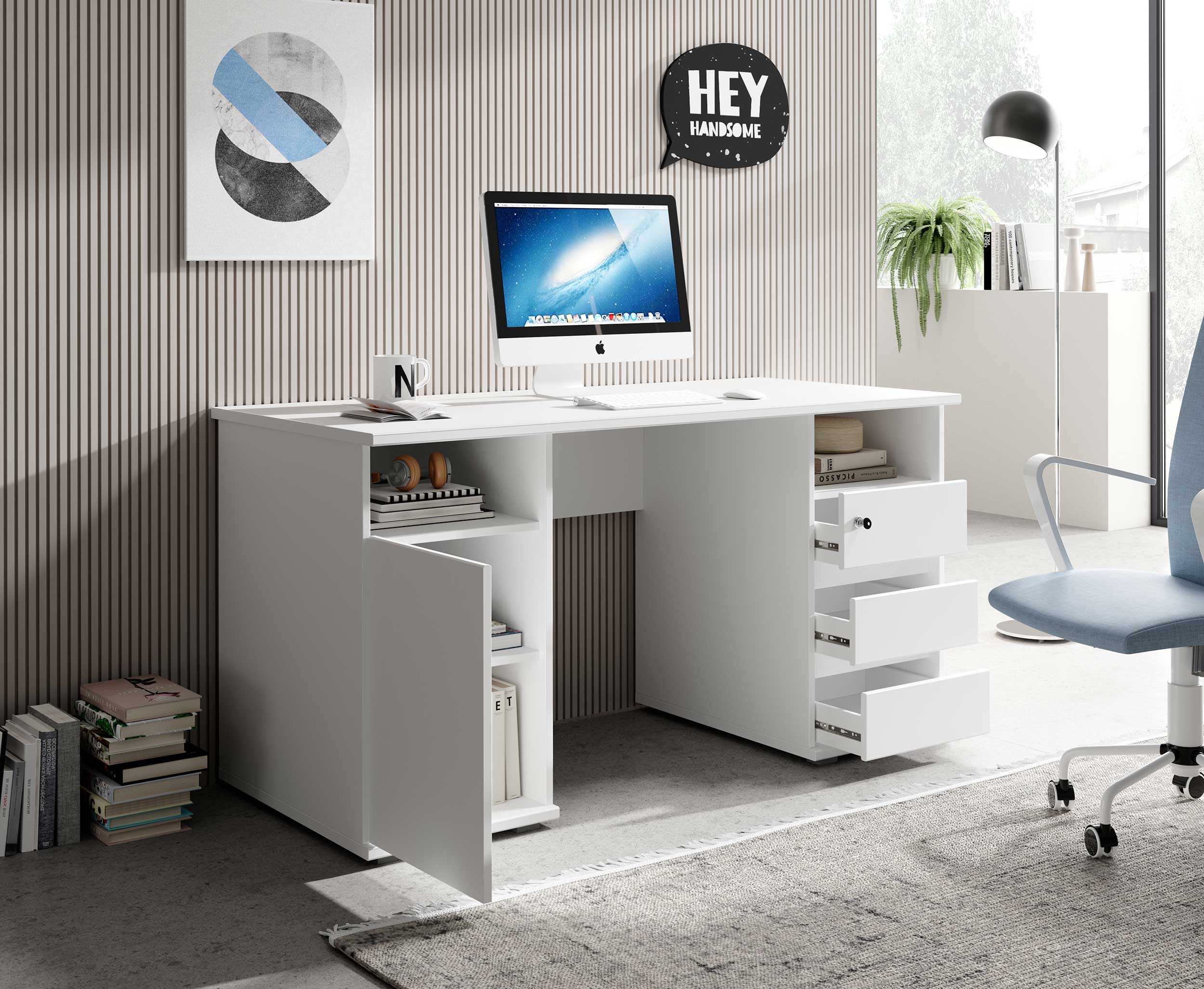 Bureau Primos 145cm avec 3 tiroirs & 1 porte - blanc - Image 6