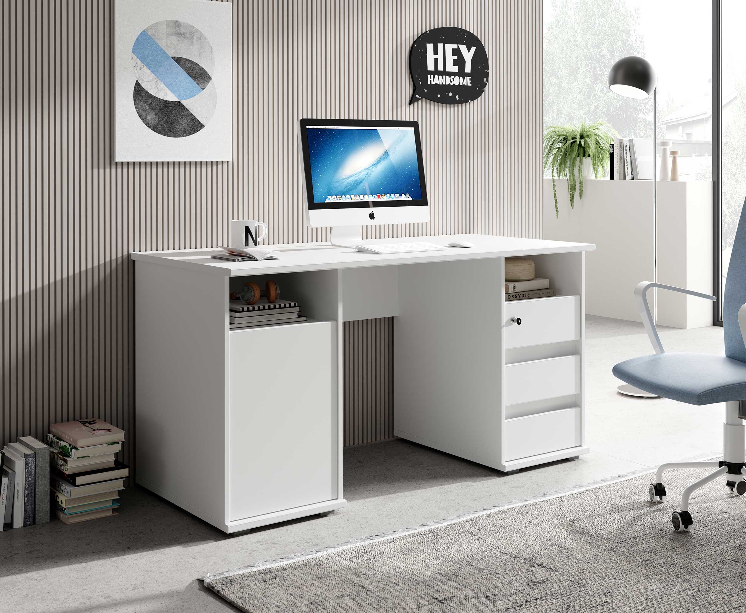 Bureau Primos 145cm avec 3 tiroirs & 1 porte - blanc - Image 7