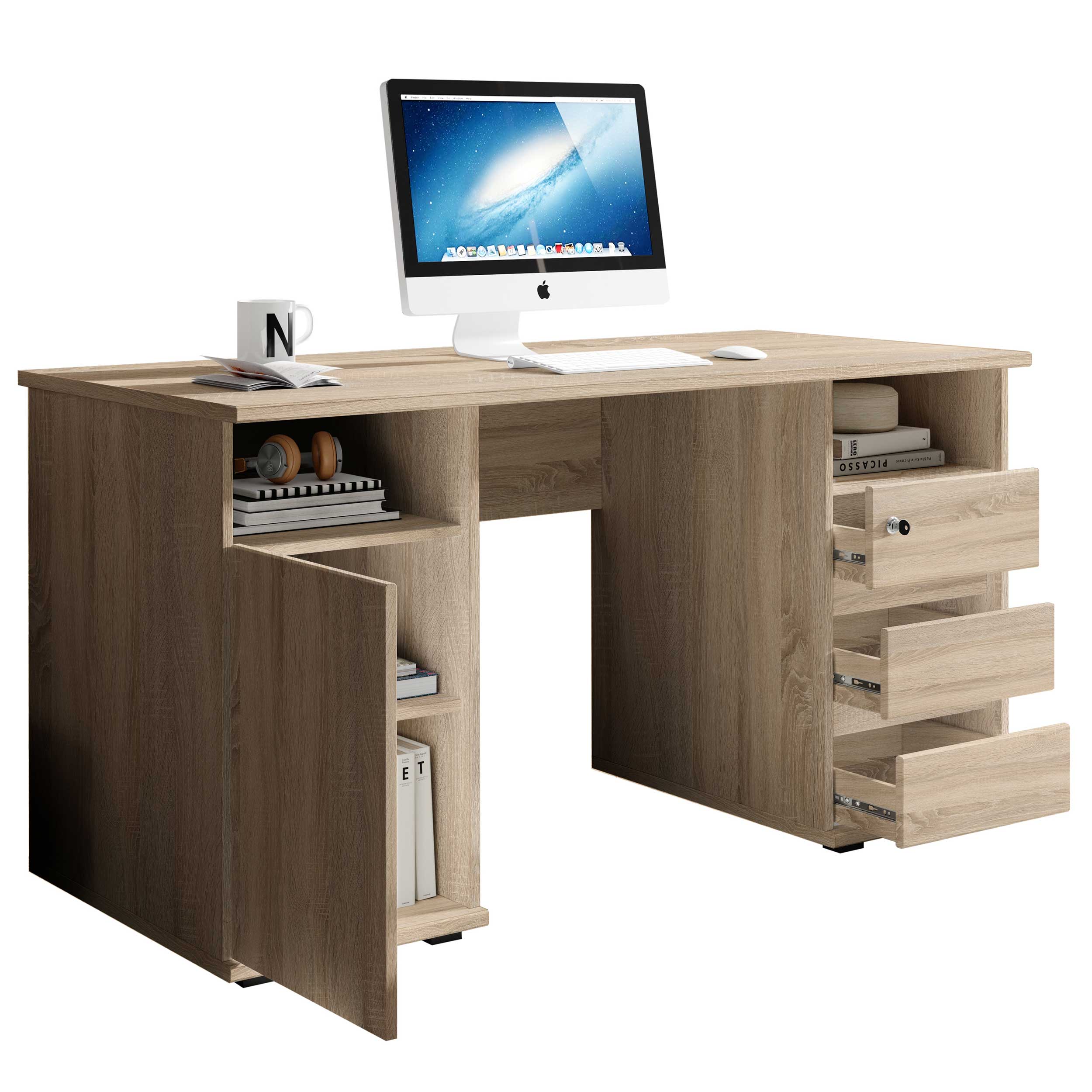 Bureau Primos 145cm avec 3 tiroirs & 1 porte - chêne - Image 4
