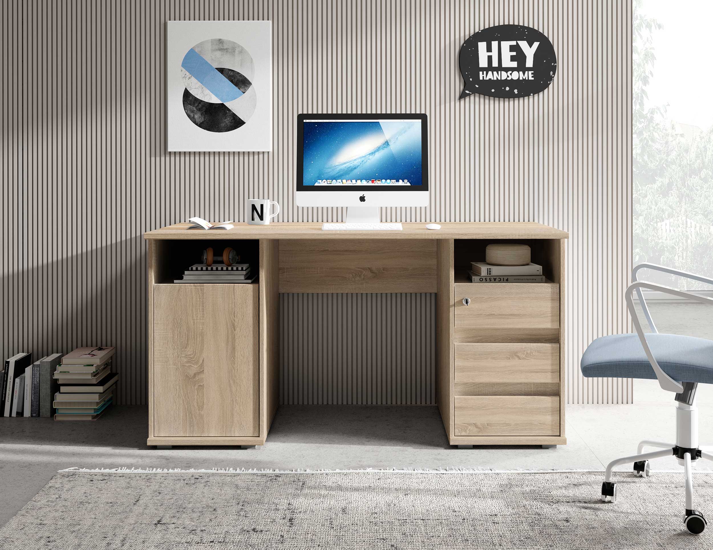 Bureau Primos 145cm avec 3 tiroirs & 1 porte - chêne - Image 5