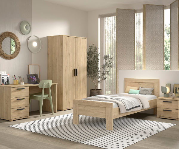 Chambre d'ado Sammie: lit 90x200cm, chevet, armoire, bureau - décor chêne