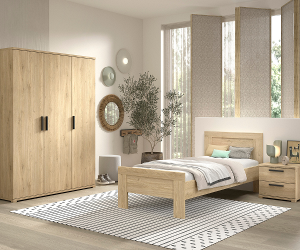 Chambre d'ado Sammie: lit 90x200cm, chevet, armoire - décor chêne