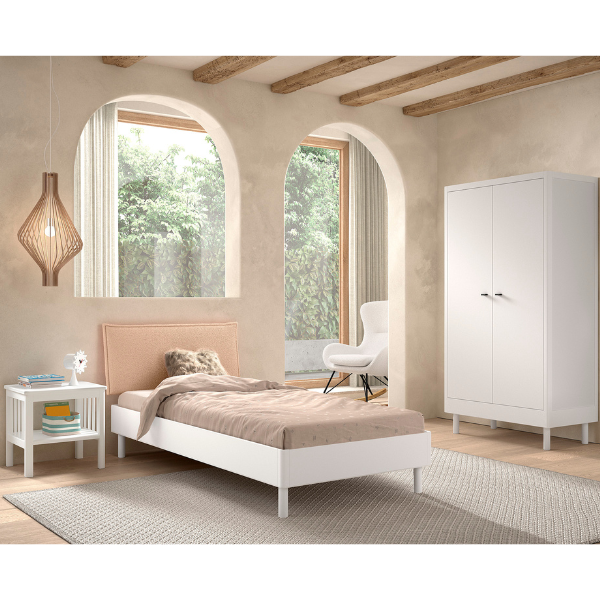 Chambre d'enfant Forrest: chevet, lit 90x200, armoire - bois de hêtre blanc