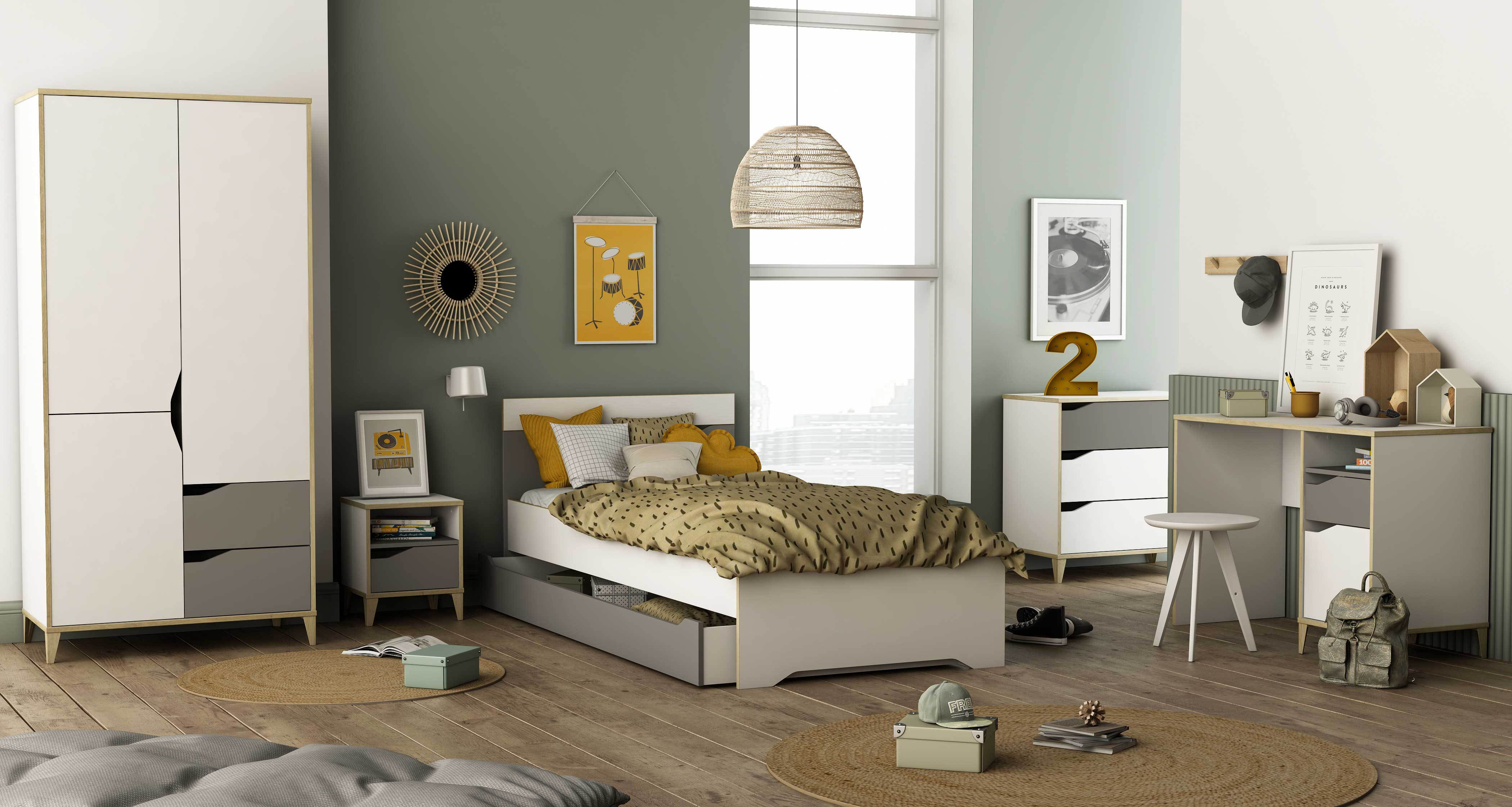 Chambre d'enfant Gerry: lit90x190/200cm avec tiroir, armoire, chevet, commode, bureau - blanc