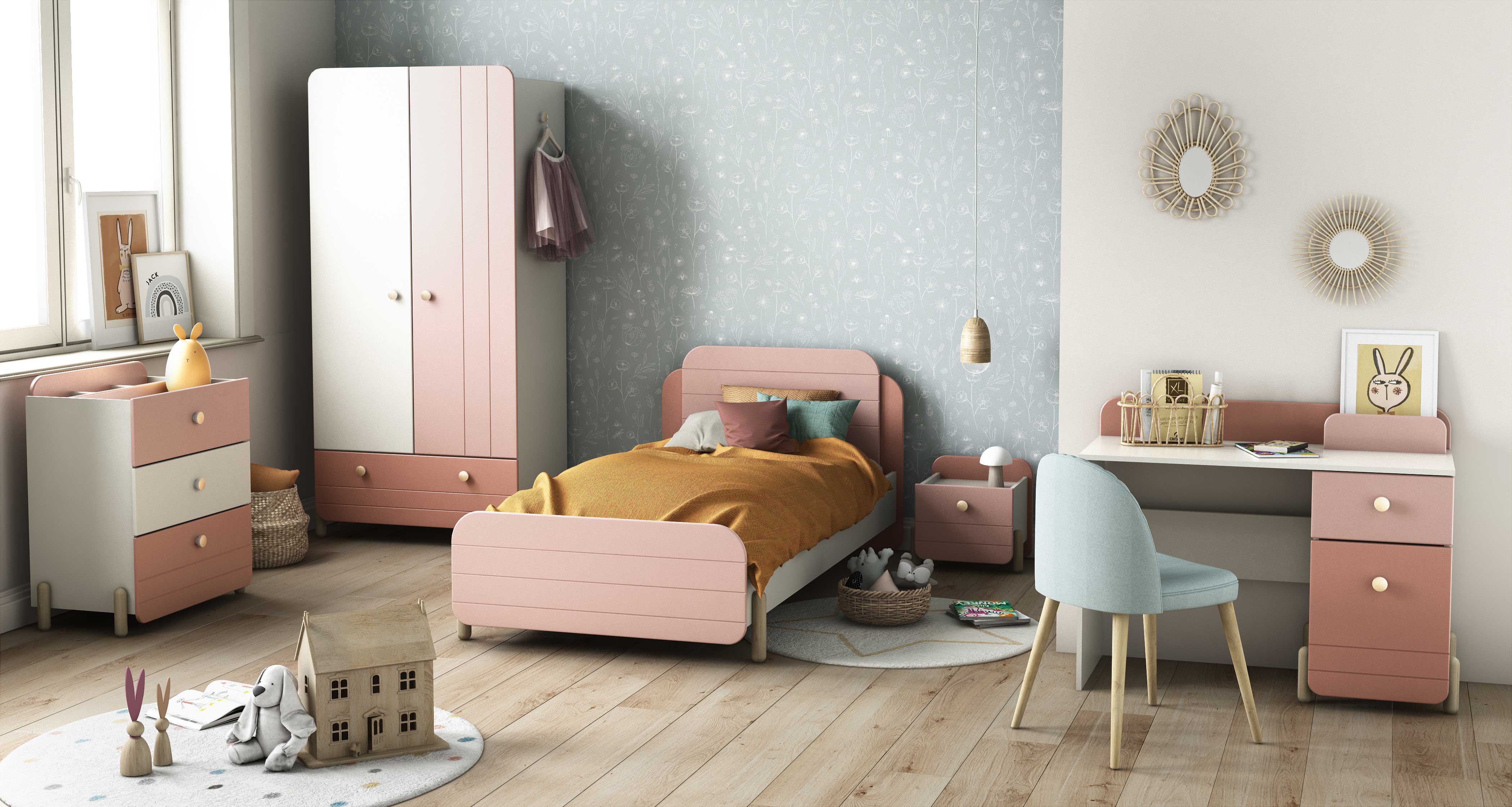 Chambre d'enfant Janne: lit 90x200cm, chevet, commode, armoire, bureau - rose/blanc