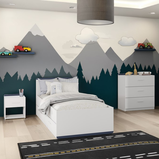 Chambre d'enfant Reverso: lit 90x190/200 avec tiroirs, chevet, commode - blanc/bleu