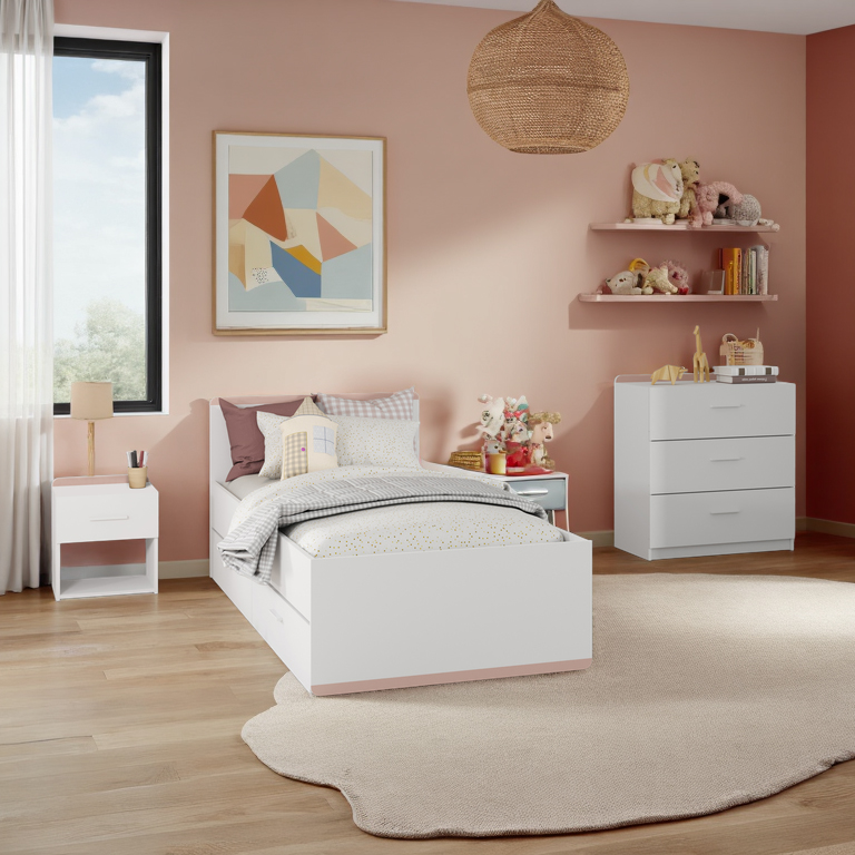 Chambre d'enfant Reverso: lit 90x190/200 avec tiroirs, chevet, commode - blanc/rose