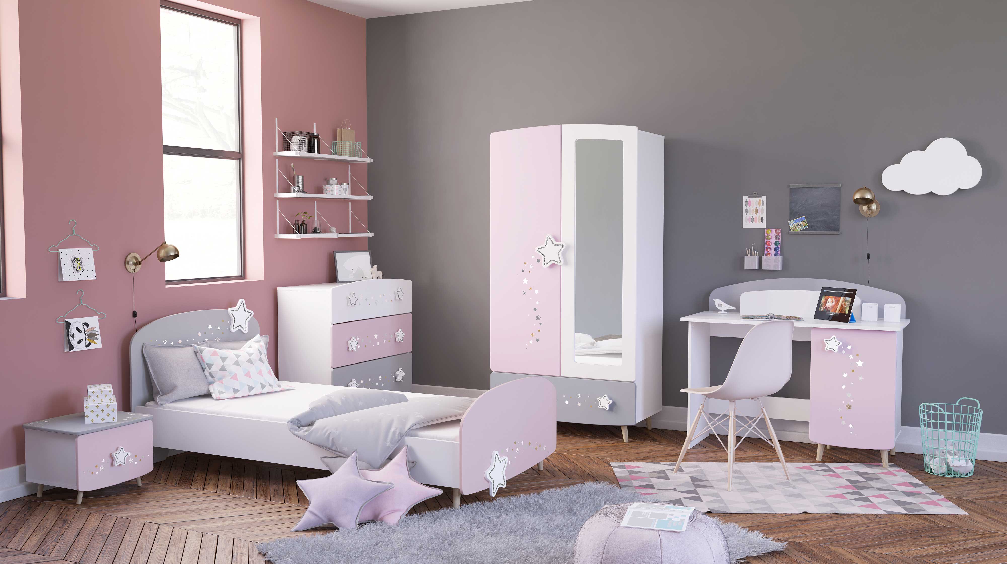 Chambre d'enfant Stellar: lit 90x190cm, chevet, commode, armoire, bureau