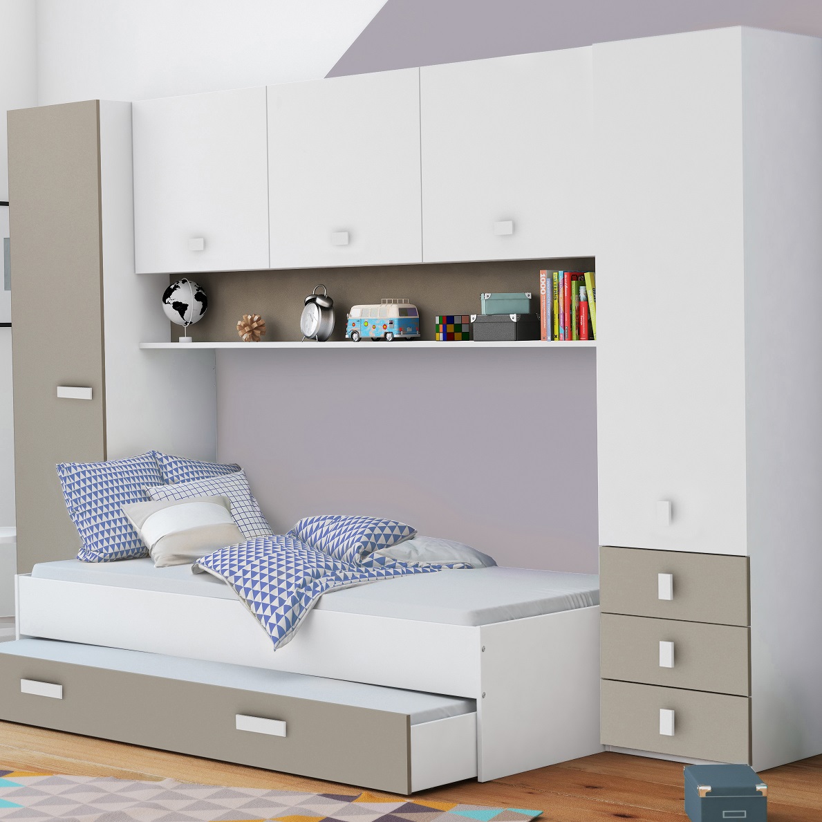 Chambre d'enfant Tidelle - lit 90x200cm avec tiroir de lit et environnement - blanc/beige