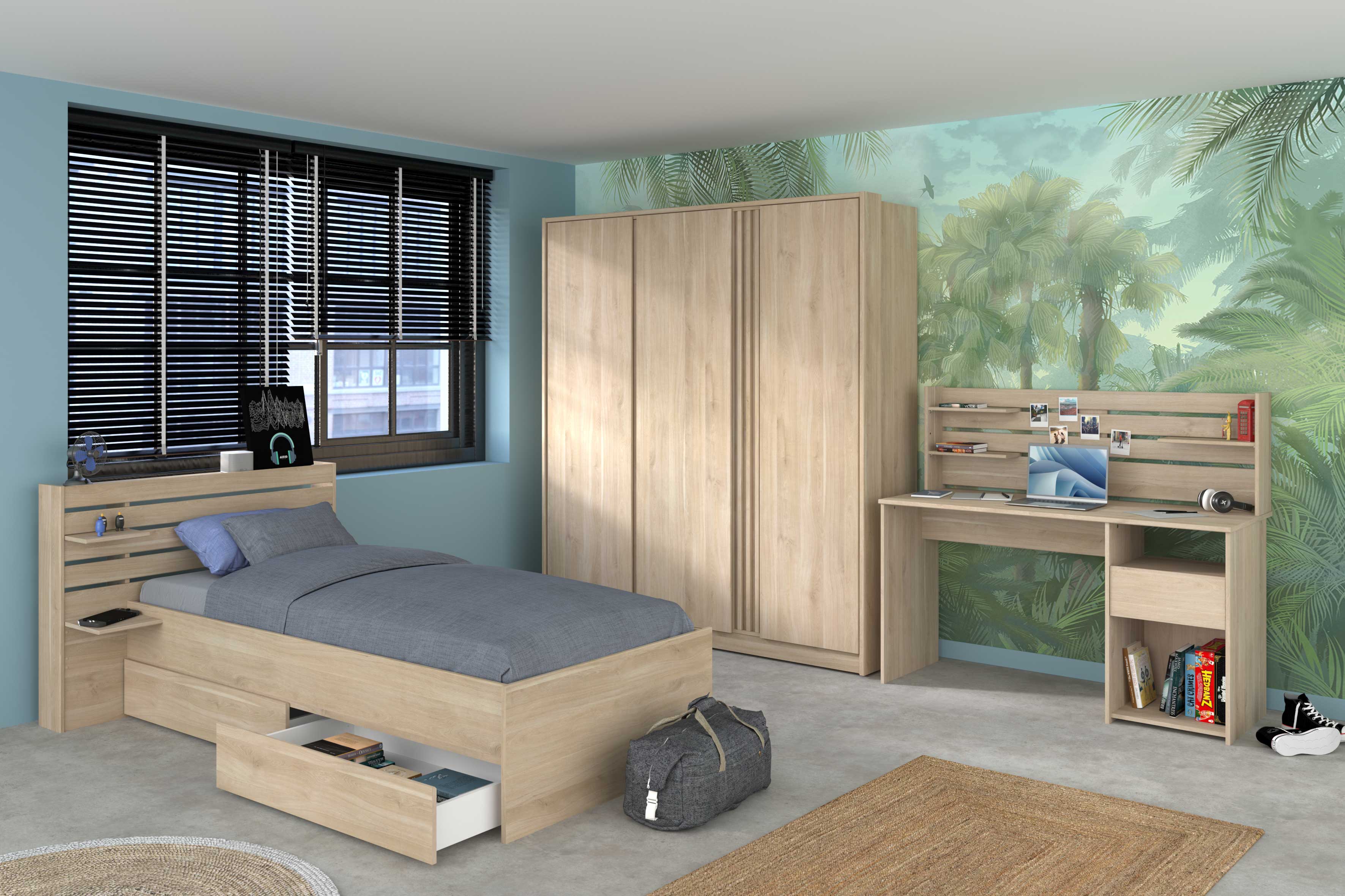 Chambre d'enfant Tokio: lit 90x200 avec tiroirs, armoire, bureau